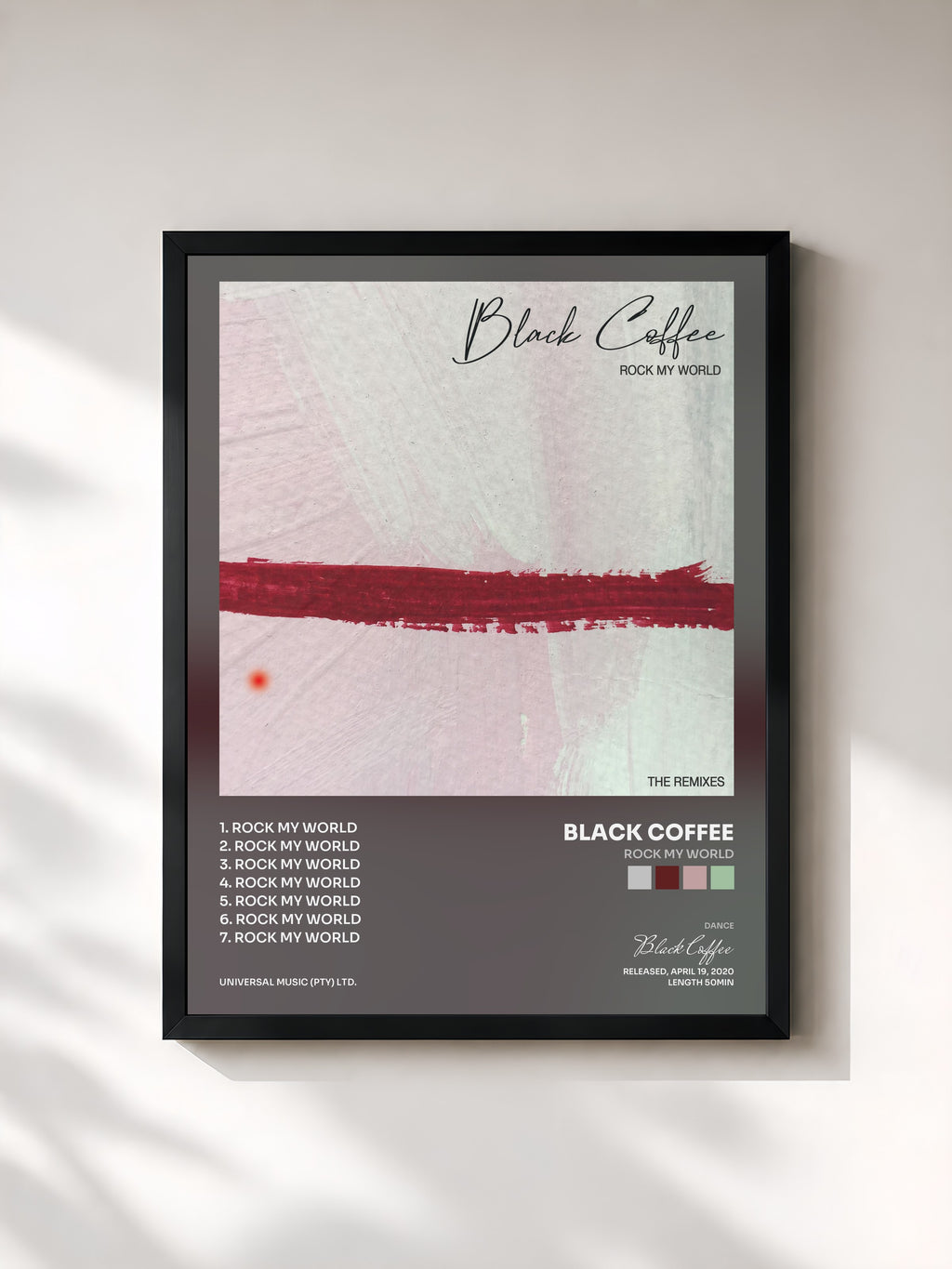 #noir Tableau de l'album Rock My World de Black Coffee, cadre noir, imprimé et encadré en France