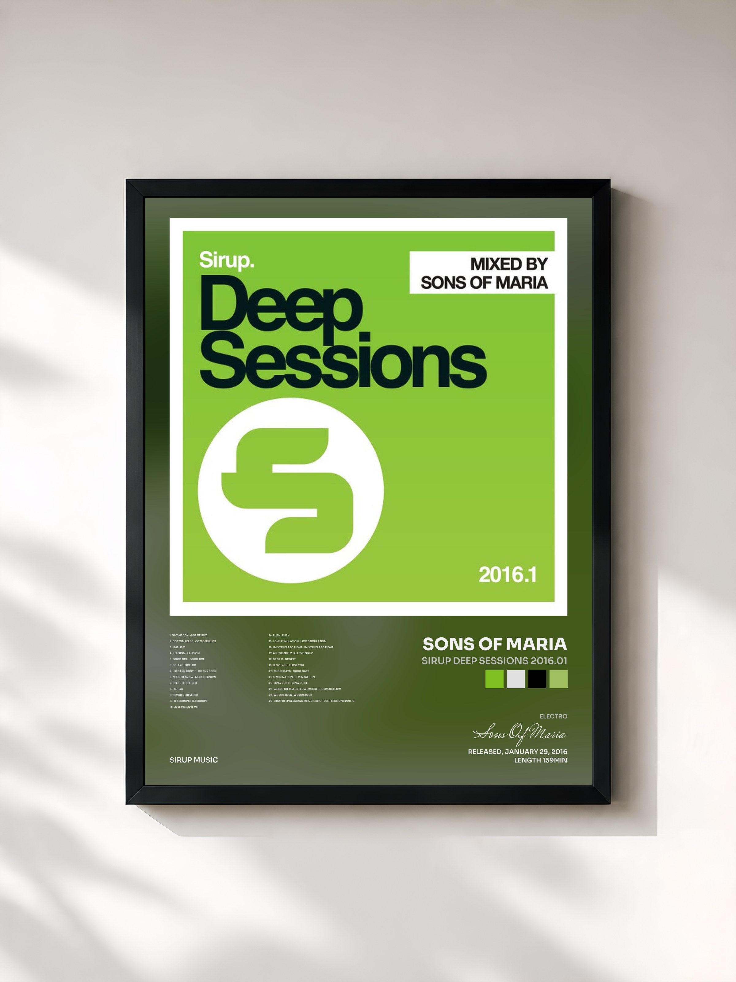 #noir Tableau de l'album Sirup Deep Sessions 2016.01 de Sons Of Maria, cadre noir, imprimé et encadré en France