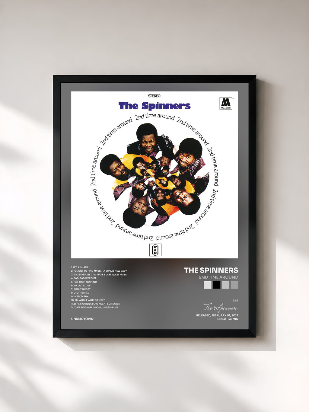 #noir Tableau de l'album 2nd Time Around de The Spinners, cadre noir, imprimé et encadré en France
