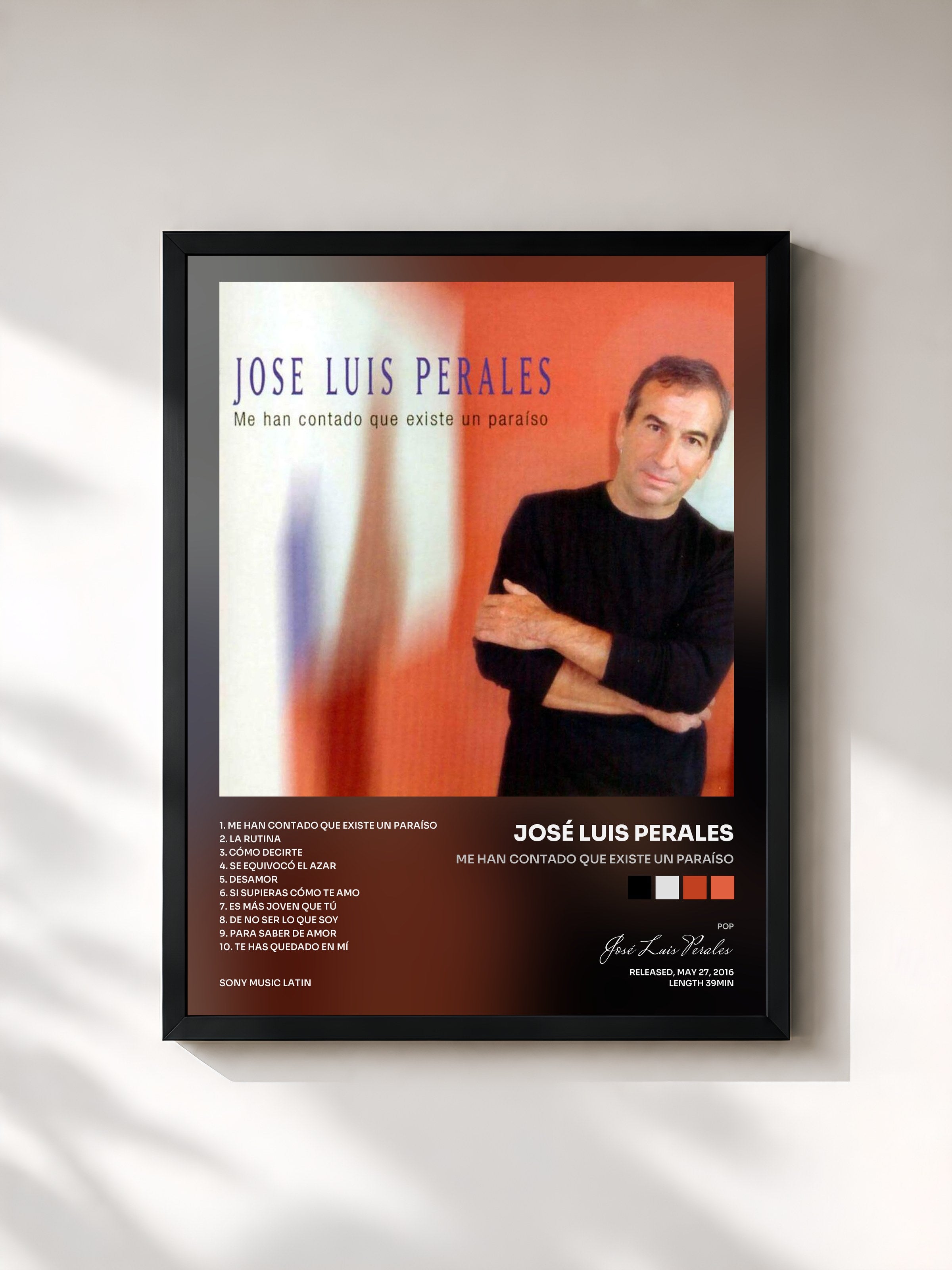#noir Tableau de l'album Me Han Contado Que Existe un Paraíso de José Luis Perales, cadre noir, imprimé et encadré en France