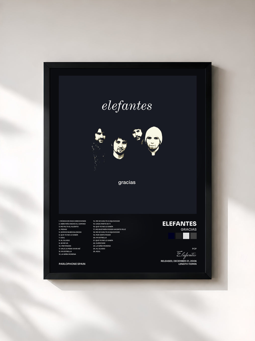 #noir Tableau de l'album Gracias de Elefantes, cadre noir, imprimé et encadré en France