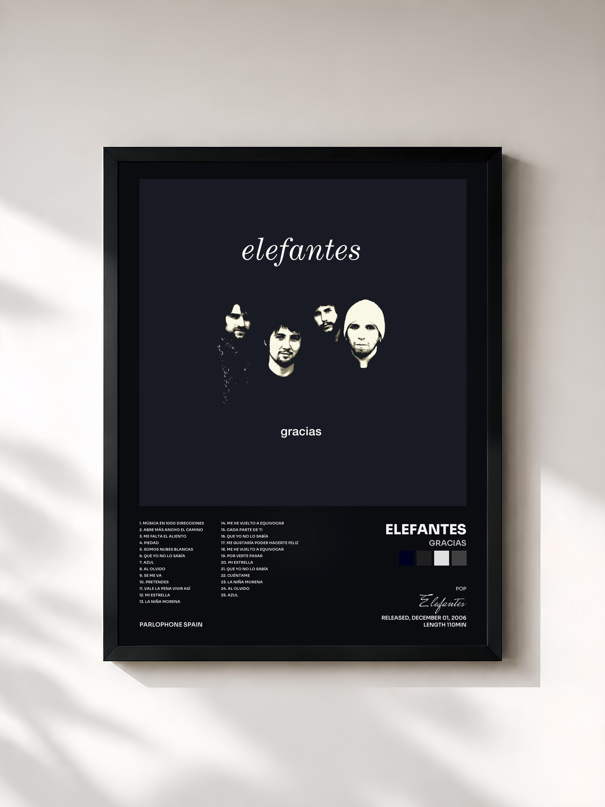 #noir Tableau de l'album Gracias de Elefantes, cadre noir, imprimé et encadré en France