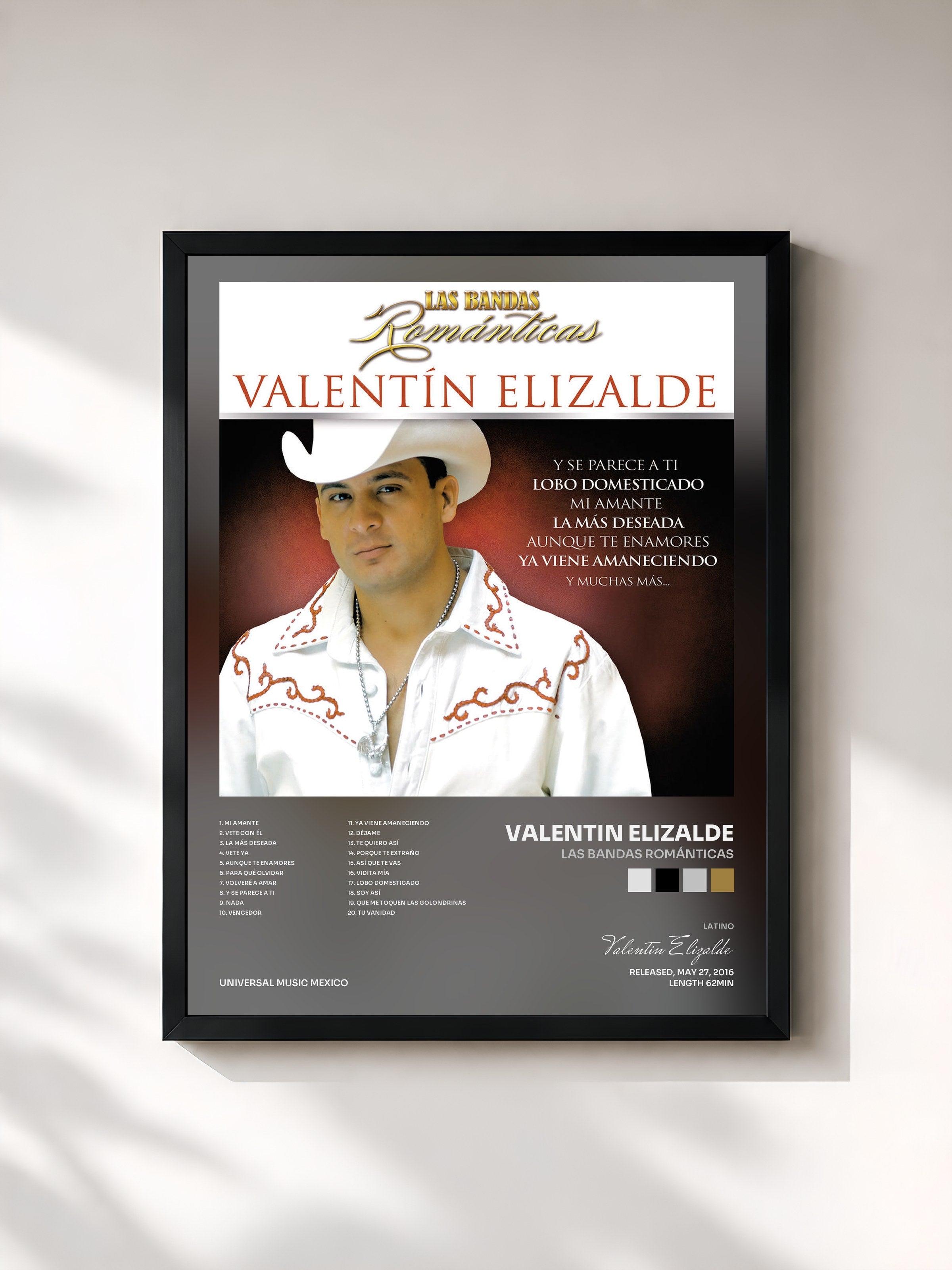 #noir Tableau de l'album Las Bandas Románticas de Valentin Elizalde, cadre noir, imprimé et encadré en France