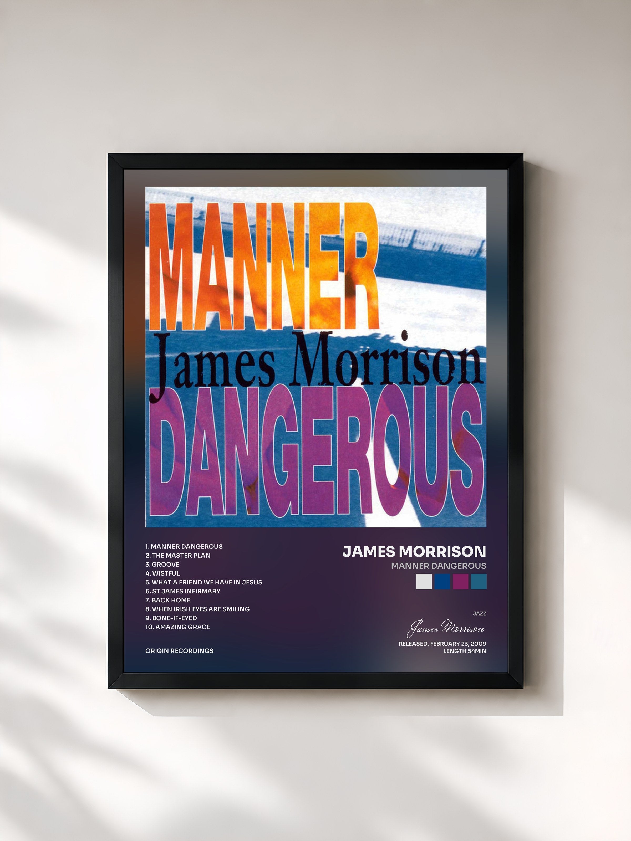 #noir Tableau de l'album Manner Dangerous de James Morrison, cadre noir, imprimé et encadré en France