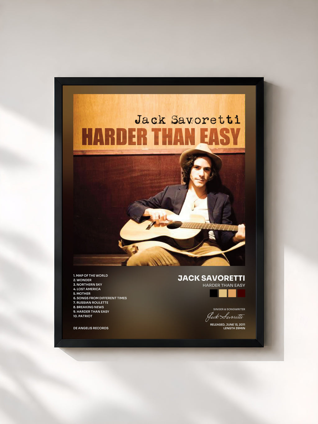 #noir Tableau de l'album Harder Than Easy de Jack Savoretti, cadre noir, imprimé et encadré en France