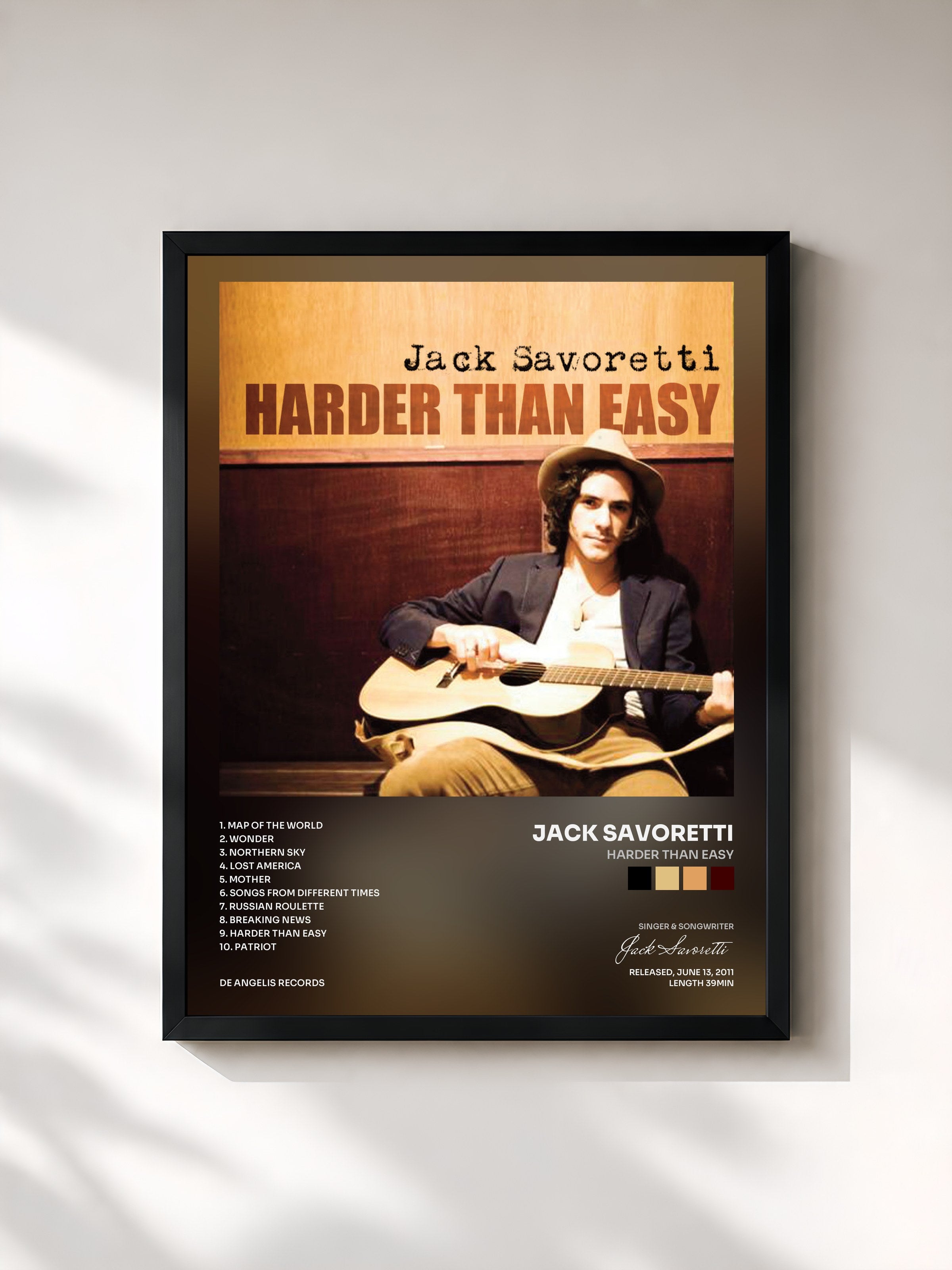 #noir Tableau de l'album Harder Than Easy de Jack Savoretti, cadre noir, imprimé et encadré en France