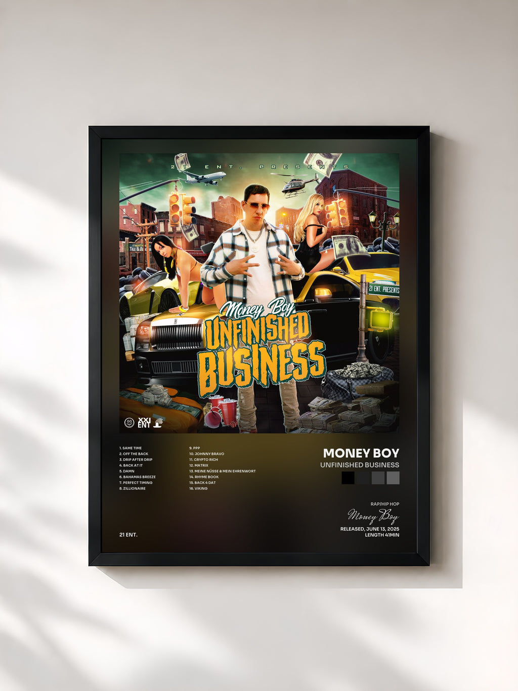 #noir Tableau de l'album Unfinished Business de Money Boy, cadre noir, imprimé et encadré en France