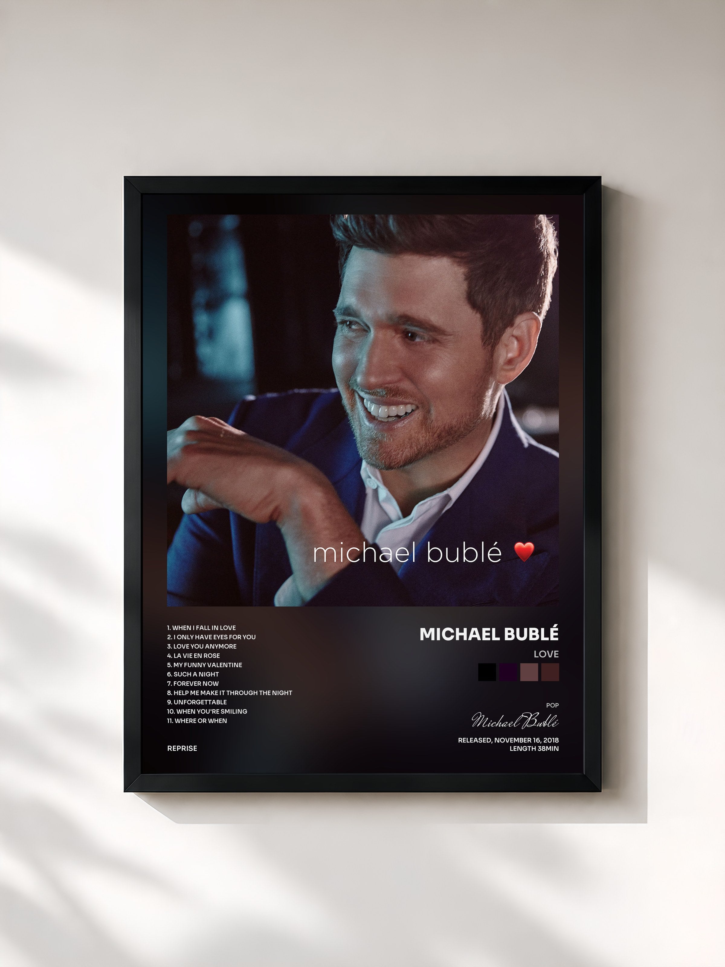 #noir Tableau de l'album love de Michael Bublé, cadre noir, imprimé et encadré en France