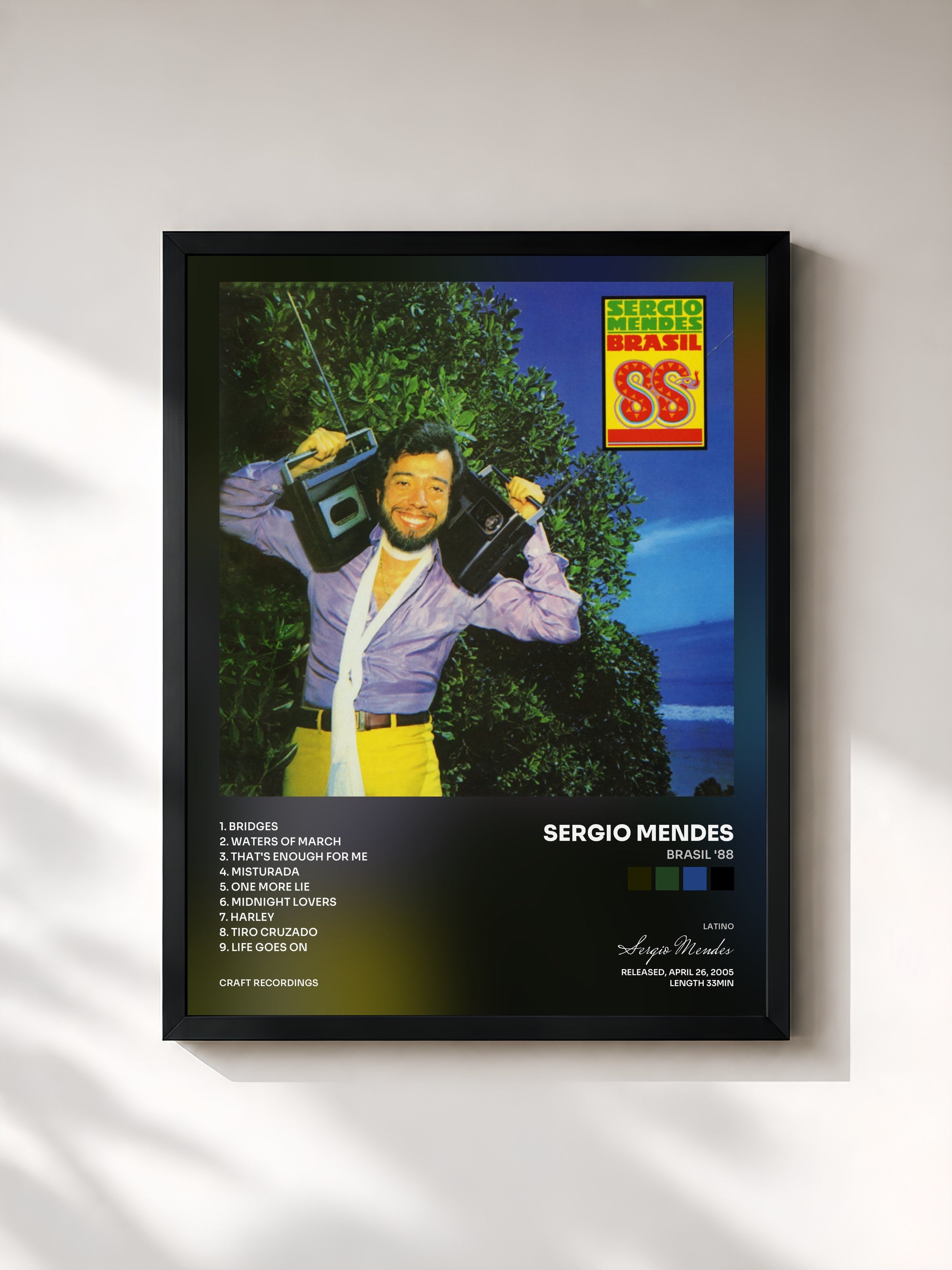 #noir Tableau de l'album Brasil '88 de Sergio Mendes, cadre noir, imprimé et encadré en France