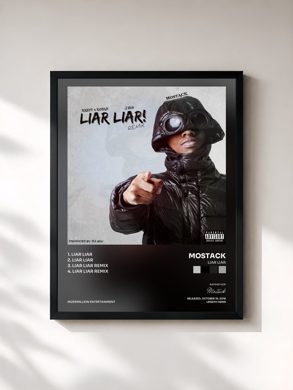 #noir Tableau de l'album Liar Liar de Mostack, cadre noir, imprimé et encadré en France