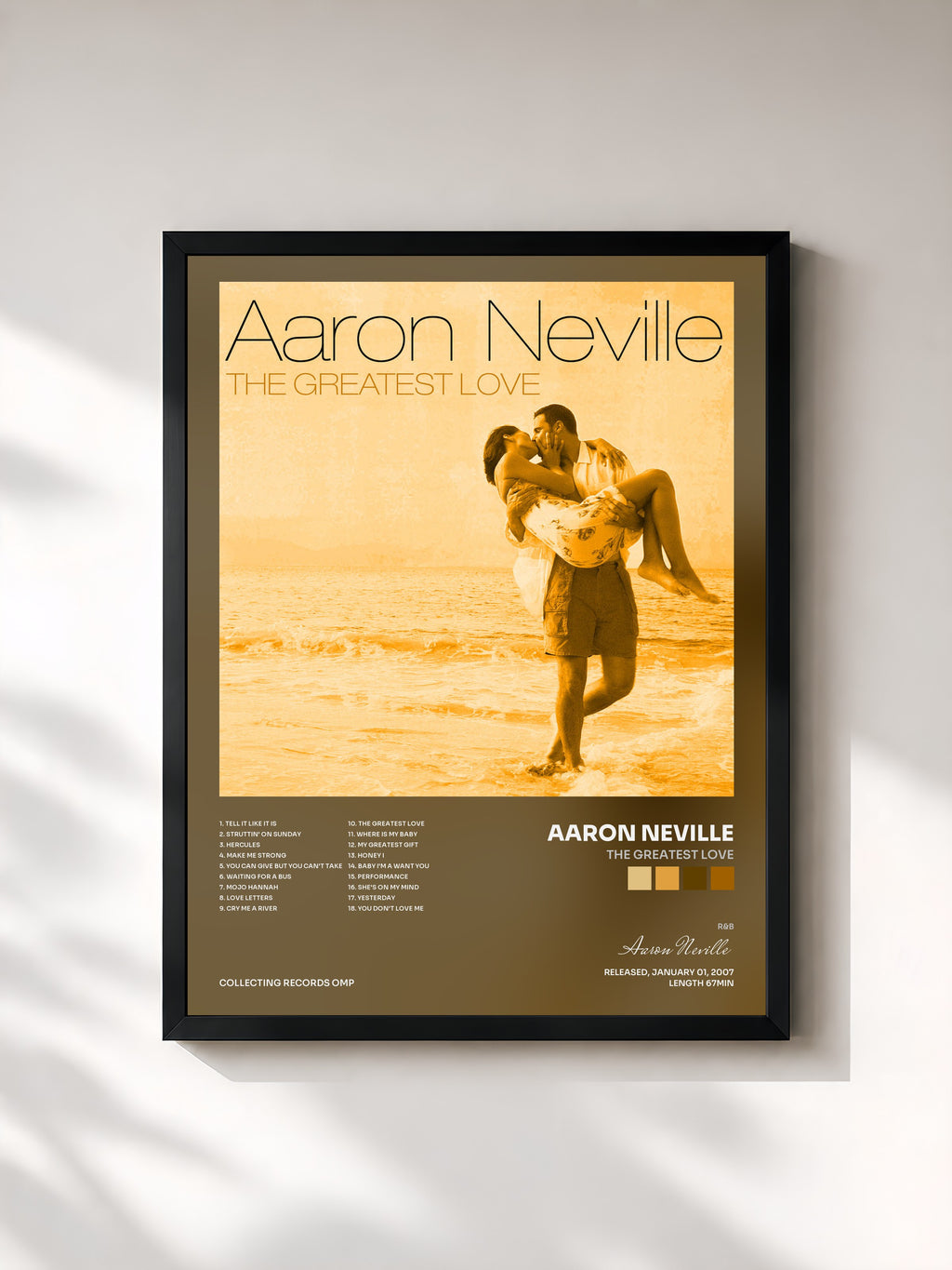 #noir Tableau de l'album The Greatest Love de Aaron Neville, cadre noir, imprimé et encadré en France