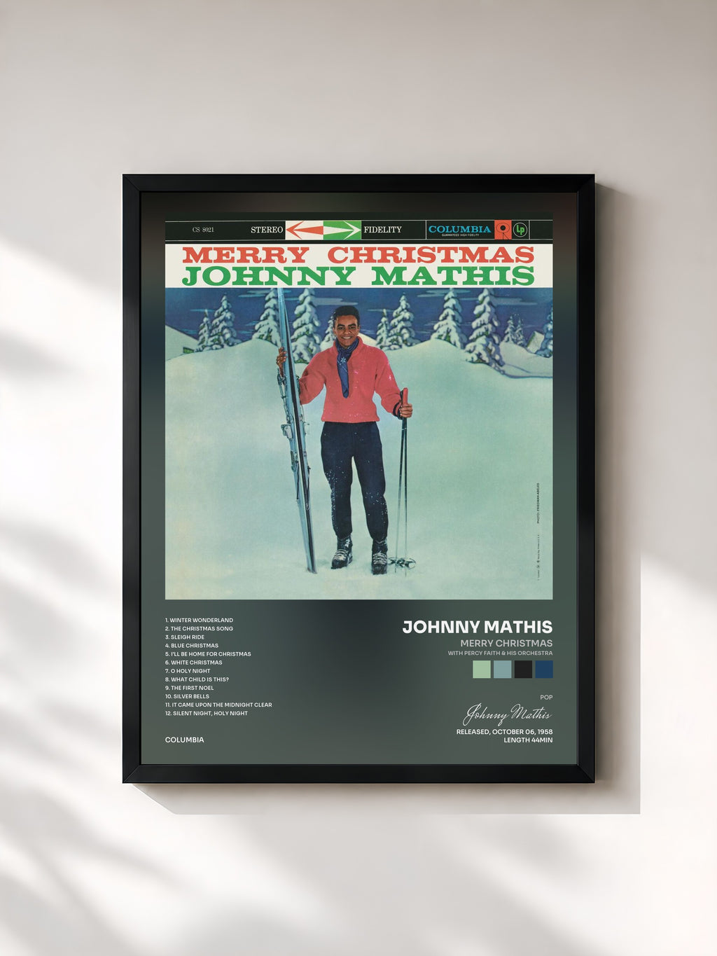 #noir Tableau de l'album Merry Christmas (with Percy Faith & His Orchestra) de Johnny Mathis, cadre noir, imprimé et encadré en France