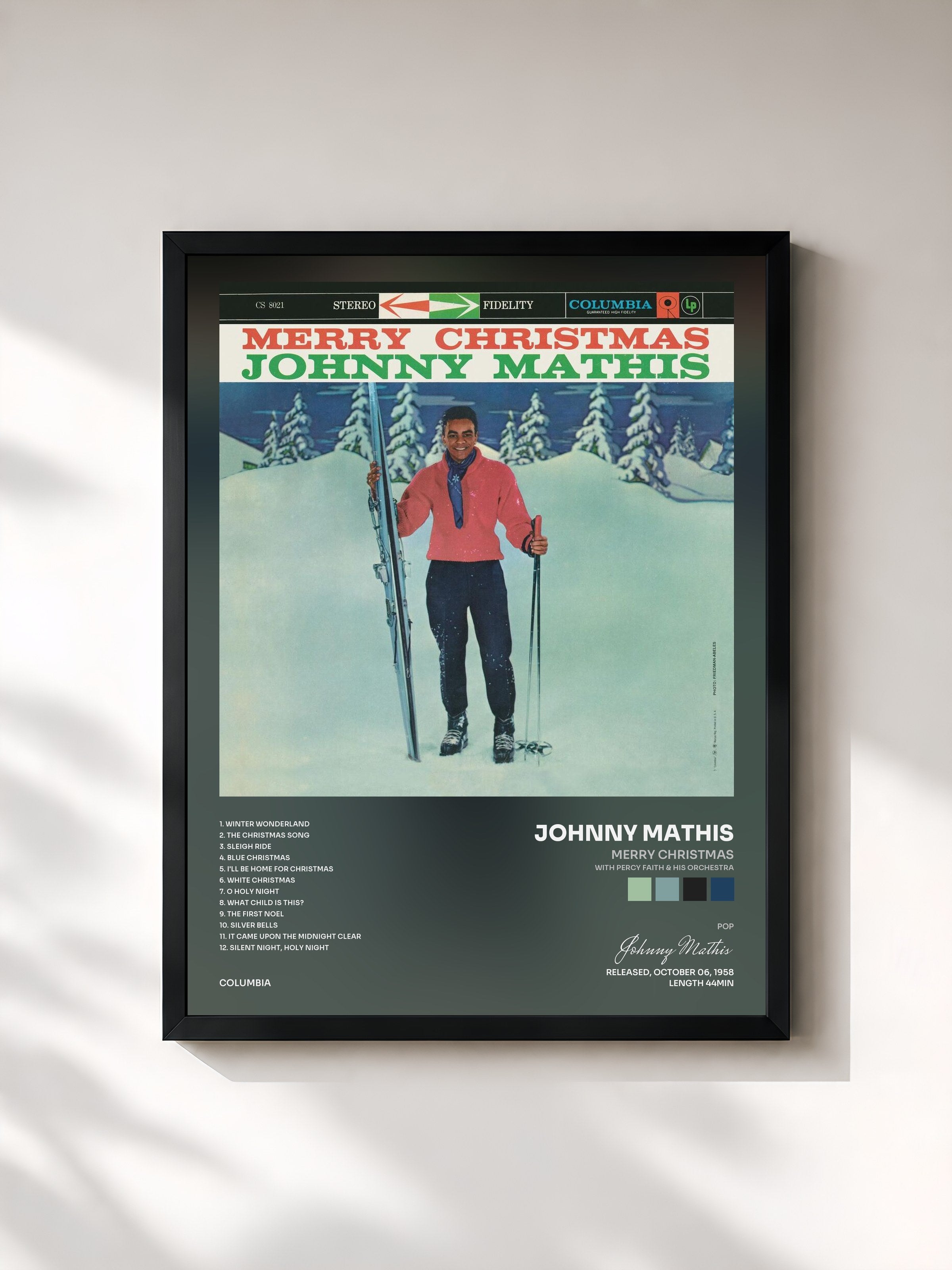 #noir Tableau de l'album Merry Christmas (with Percy Faith & His Orchestra) de Johnny Mathis, cadre noir, imprimé et encadré en France