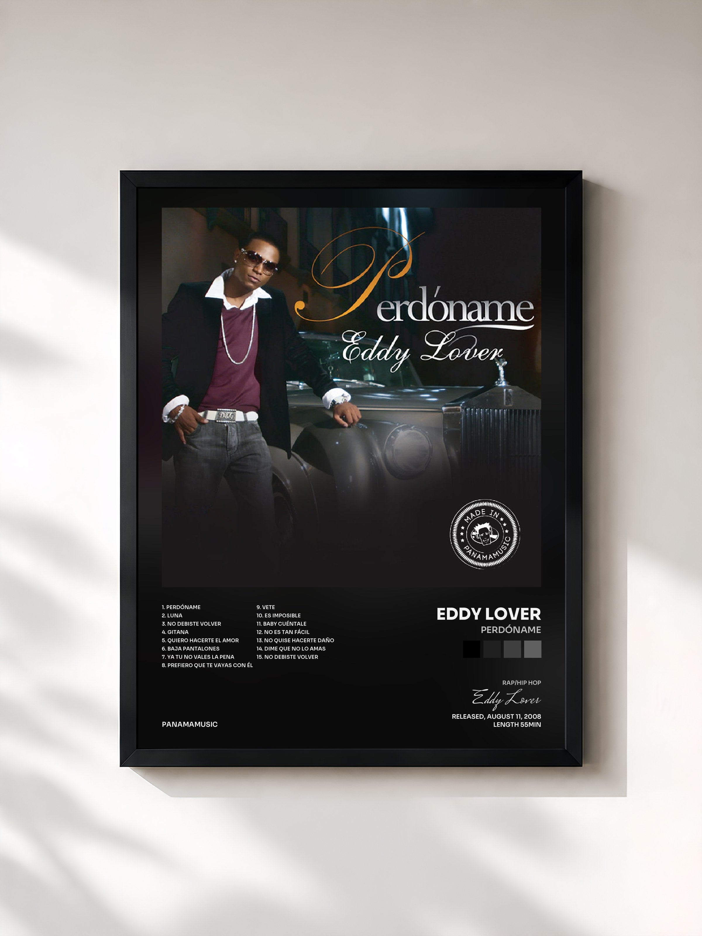 #noir Tableau de l'album Perdóname de Eddy Lover, cadre noir, imprimé et encadré en France