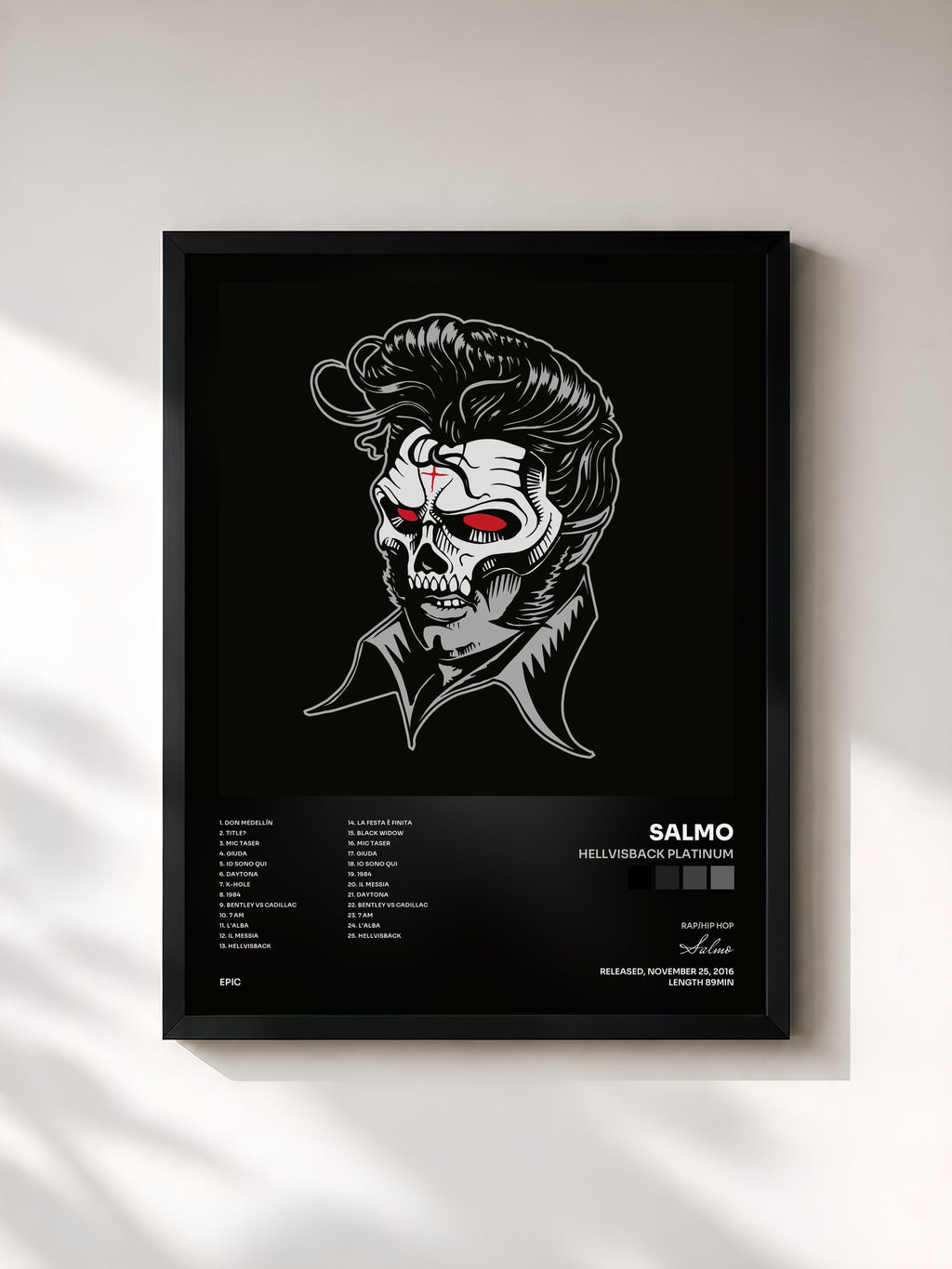 #noir Tableau de l'album Hellvisback Platinum de Salmo, cadre noir, imprimé et encadré en France