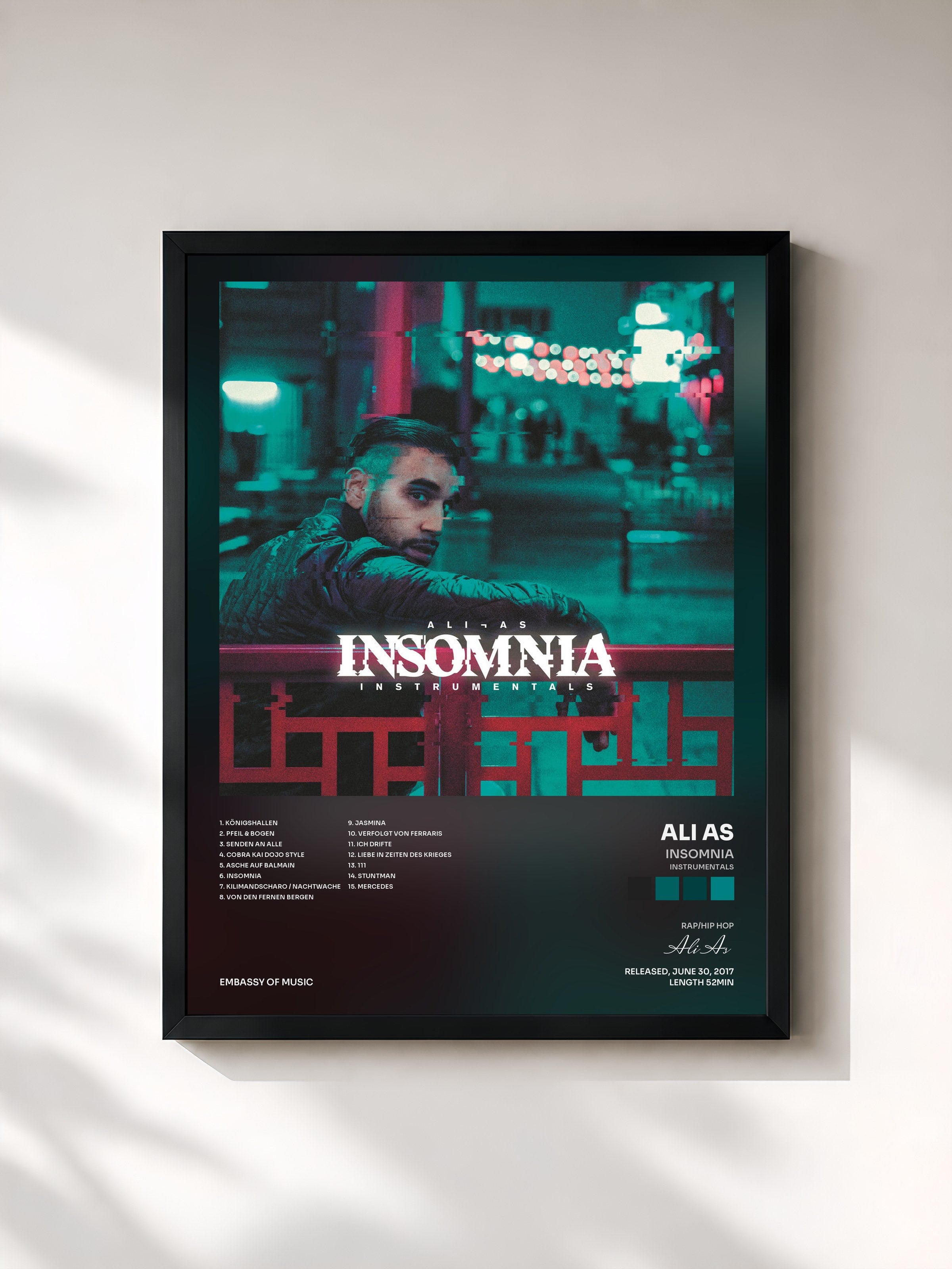 #noir Tableau de l'album Insomnia (Instrumentals) de Ali As, cadre noir, imprimé et encadré en France