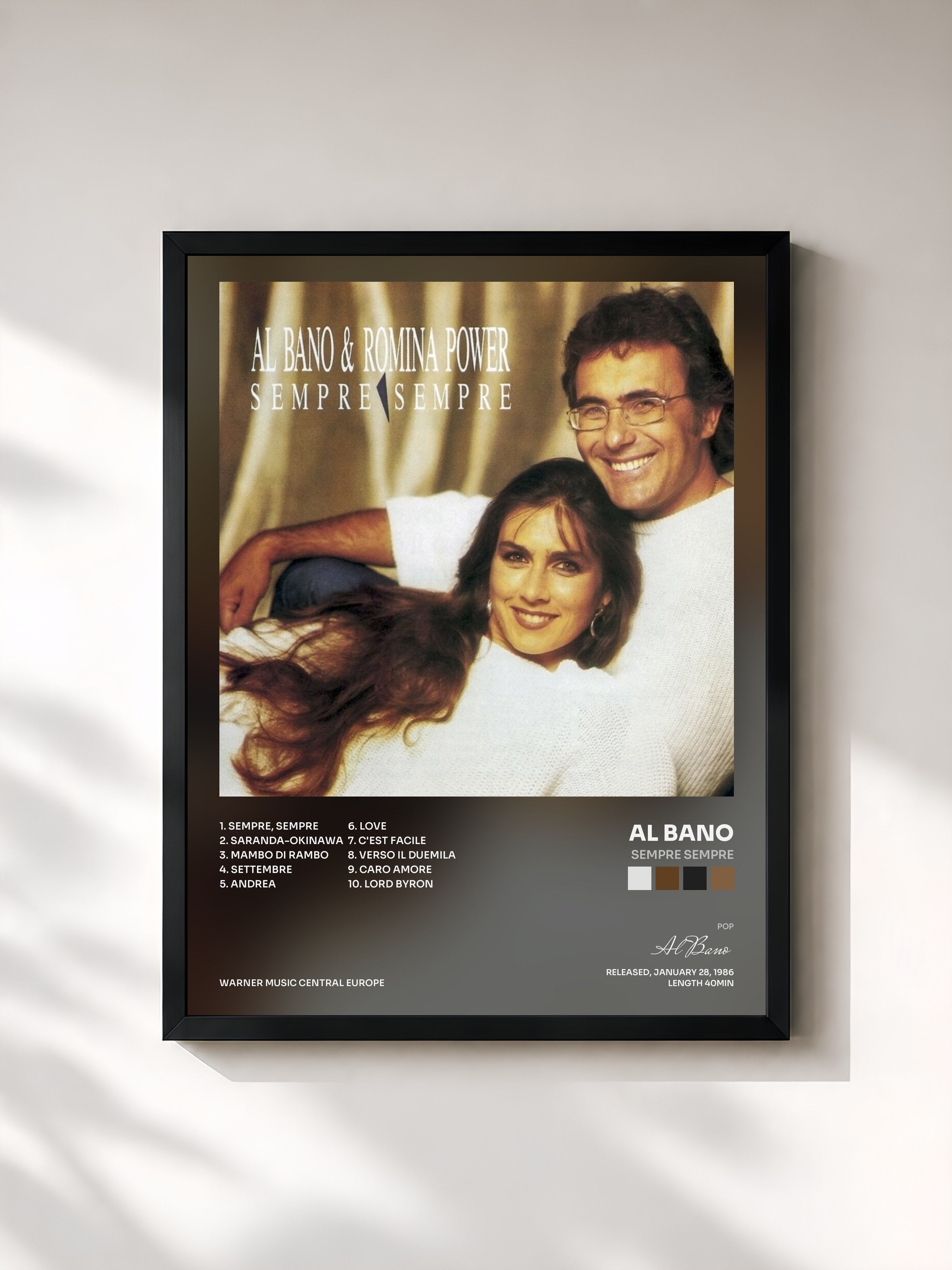 #noir Tableau de l'album Sempre Sempre de Al Bano, cadre noir, imprimé et encadré en France
