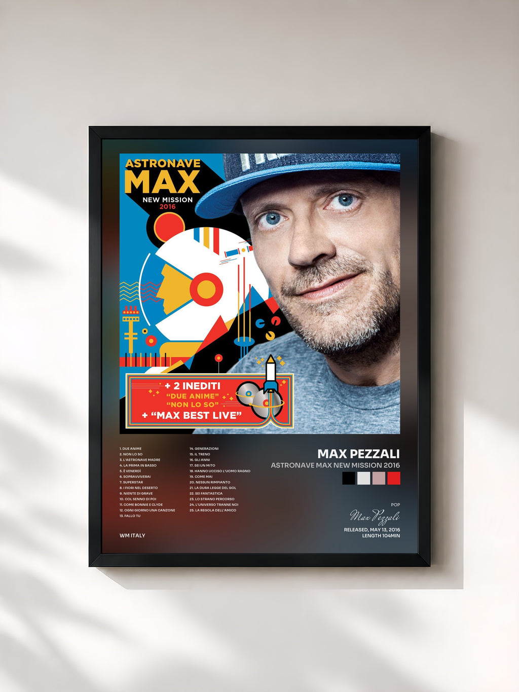 #noir Tableau de l'album Astronave Max New Mission 2016 de Max Pezzali, cadre noir, imprimé et encadré en France