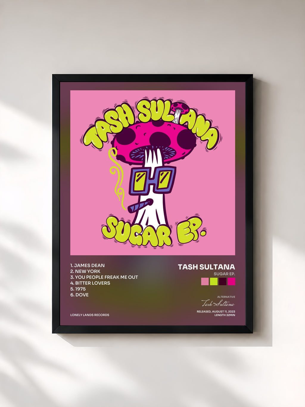 #noir Tableau de l'album SUGAR EP. de Tash Sultana, cadre noir, imprimé et encadré en France
