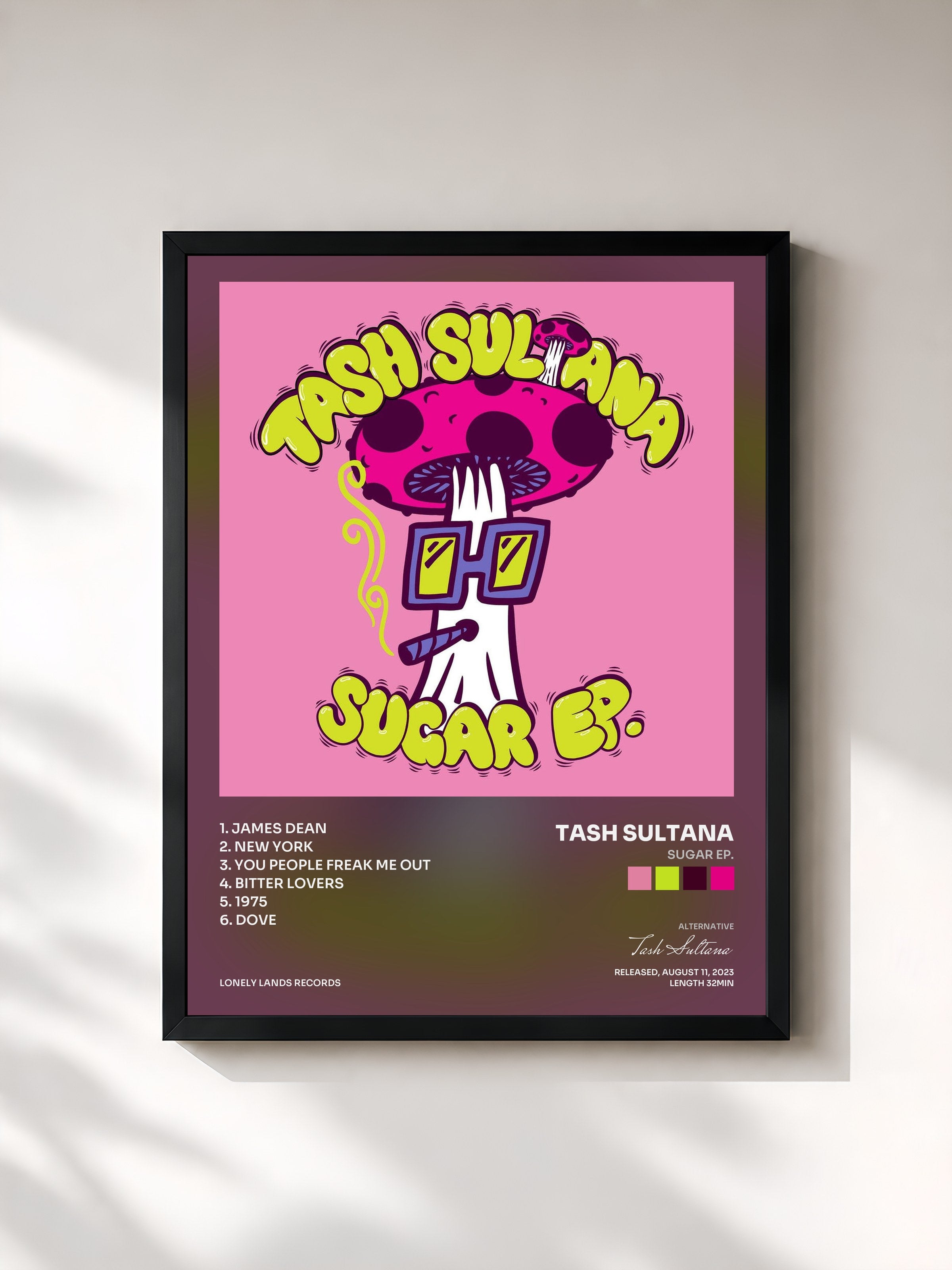 #noir Tableau de l'album SUGAR EP. de Tash Sultana, cadre noir, imprimé et encadré en France