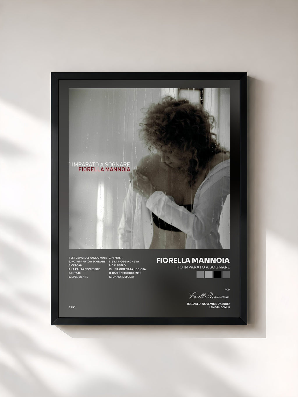 #noir Tableau de l'album Ho Imparato A Sognare de Fiorella Mannoia, cadre noir, imprimé et encadré en France