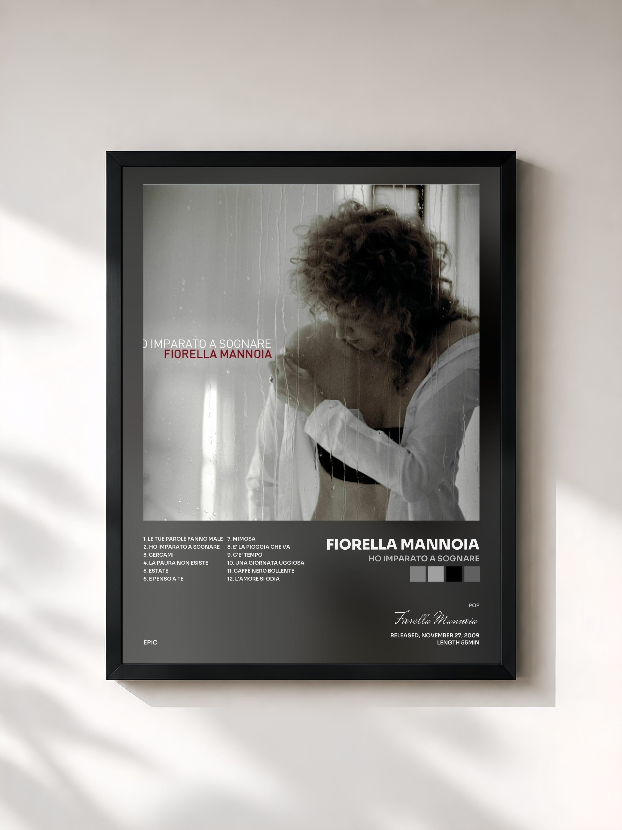 #noir Tableau de l'album Ho Imparato A Sognare de Fiorella Mannoia, cadre noir, imprimé et encadré en France