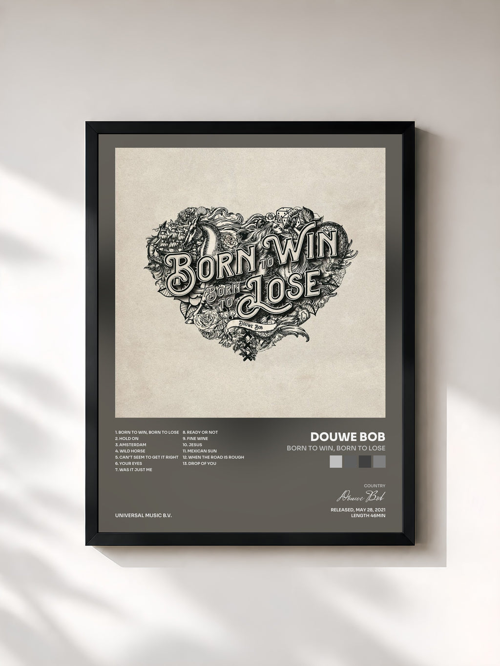 #noir Tableau de l'album Born To Win, Born To Lose de Douwe Bob, cadre noir, imprimé et encadré en France