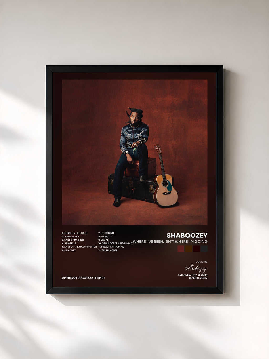 #noir Tableau de l'album Where I've Been, Isn't Where I'm Going de Shaboozey, cadre noir, imprimé et encadré en France