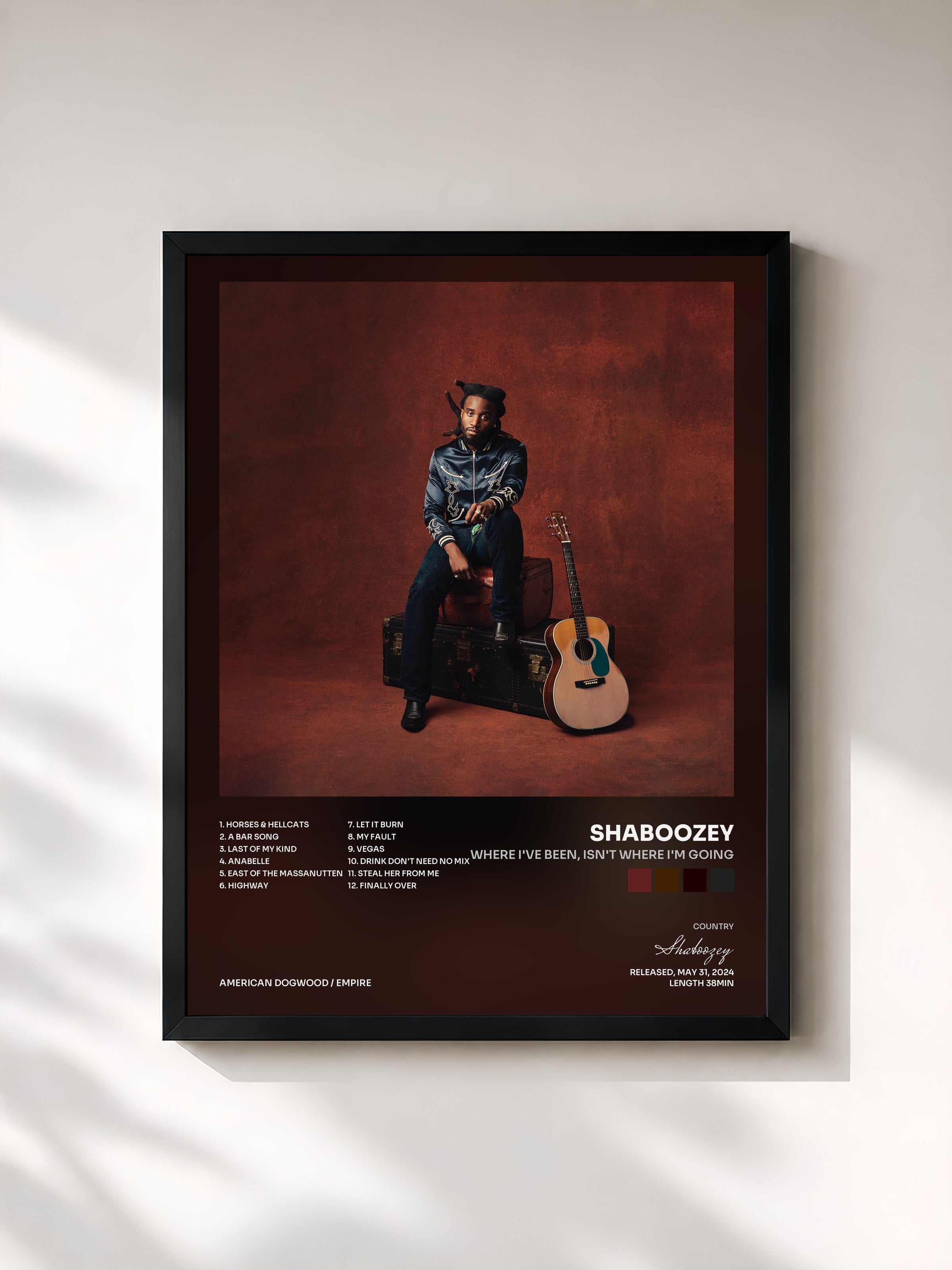 #noir Tableau de l'album Where I've Been, Isn't Where I'm Going de Shaboozey, cadre noir, imprimé et encadré en France