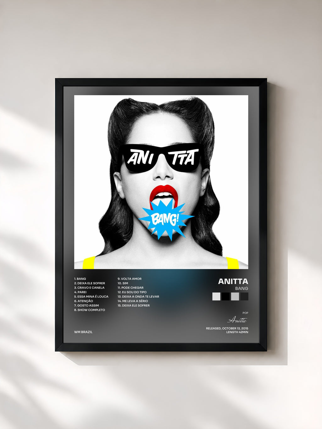 #noir Tableau de l'album Bang de Anitta, cadre noir, imprimé et encadré en France