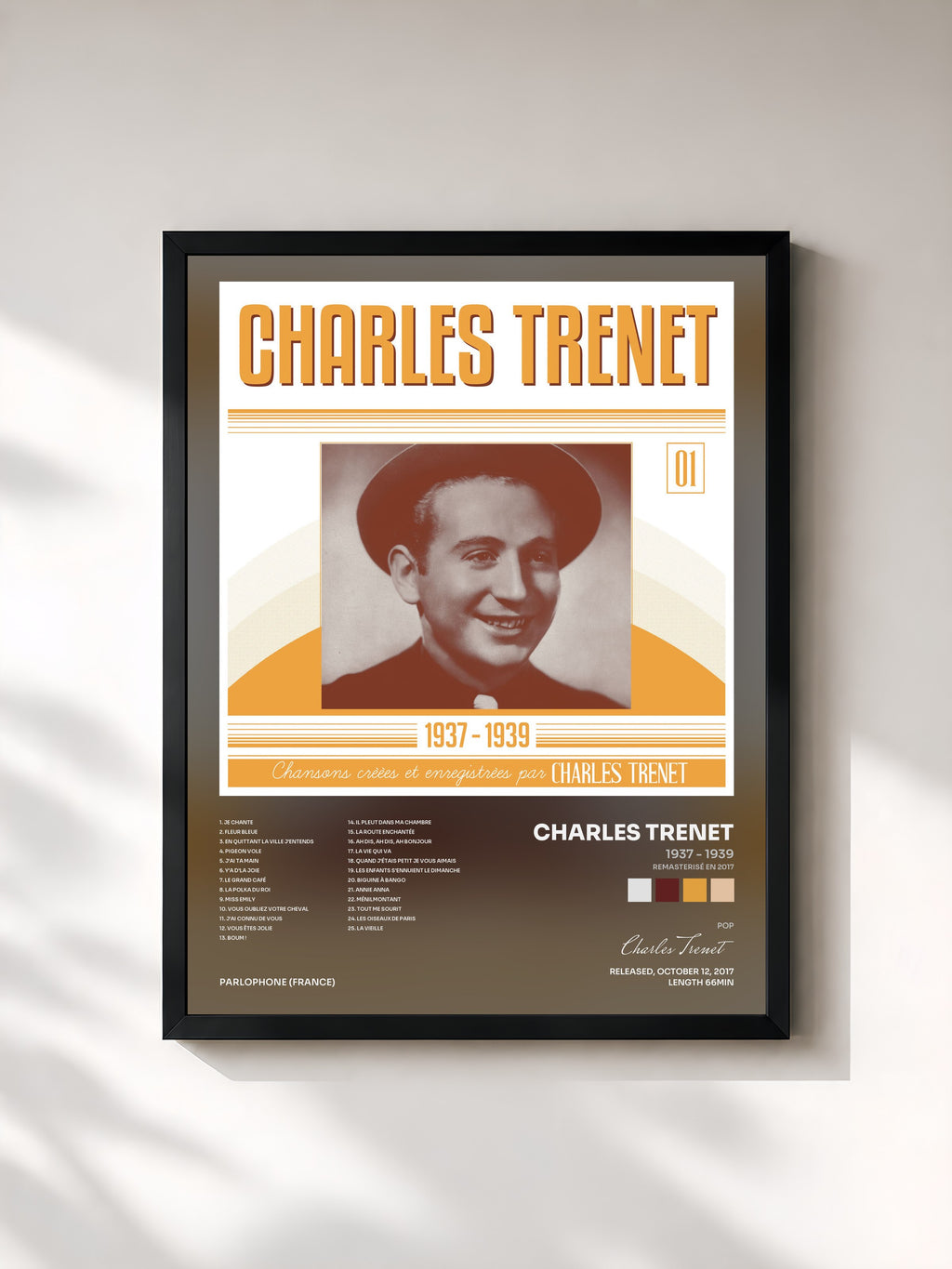 #noir Tableau de l'album 1937 - 1939 (Remasterisé en 2017) de Charles Trenet, cadre noir, imprimé et encadré en France