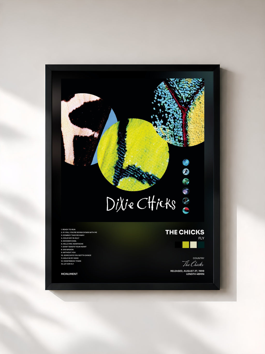 #noir Tableau de l'album Fly de The Chicks, cadre noir, imprimé et encadré en France