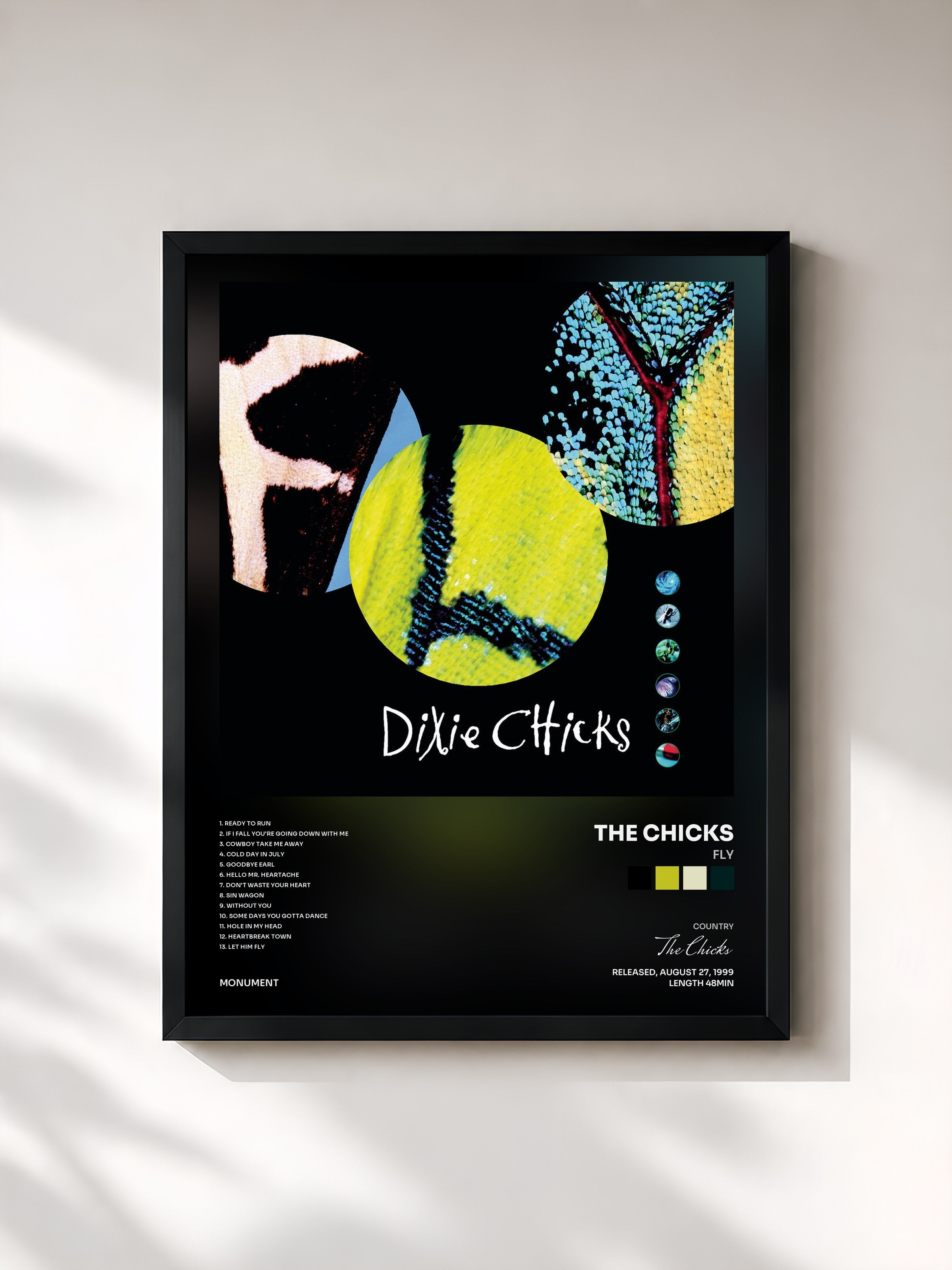 #noir Tableau de l'album Fly de The Chicks, cadre noir, imprimé et encadré en France
