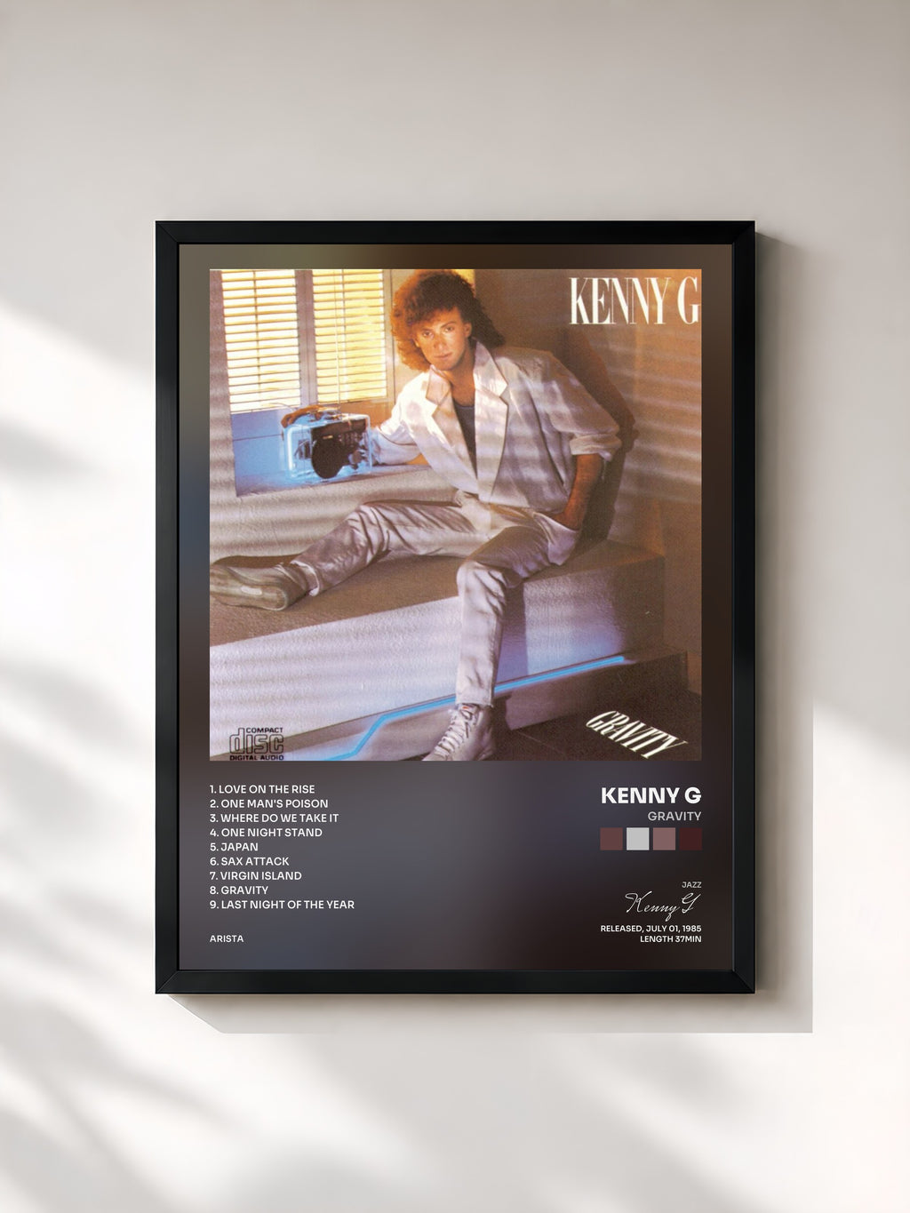 #noir Tableau de l'album Gravity de Kenny G, cadre noir, imprimé et encadré en France