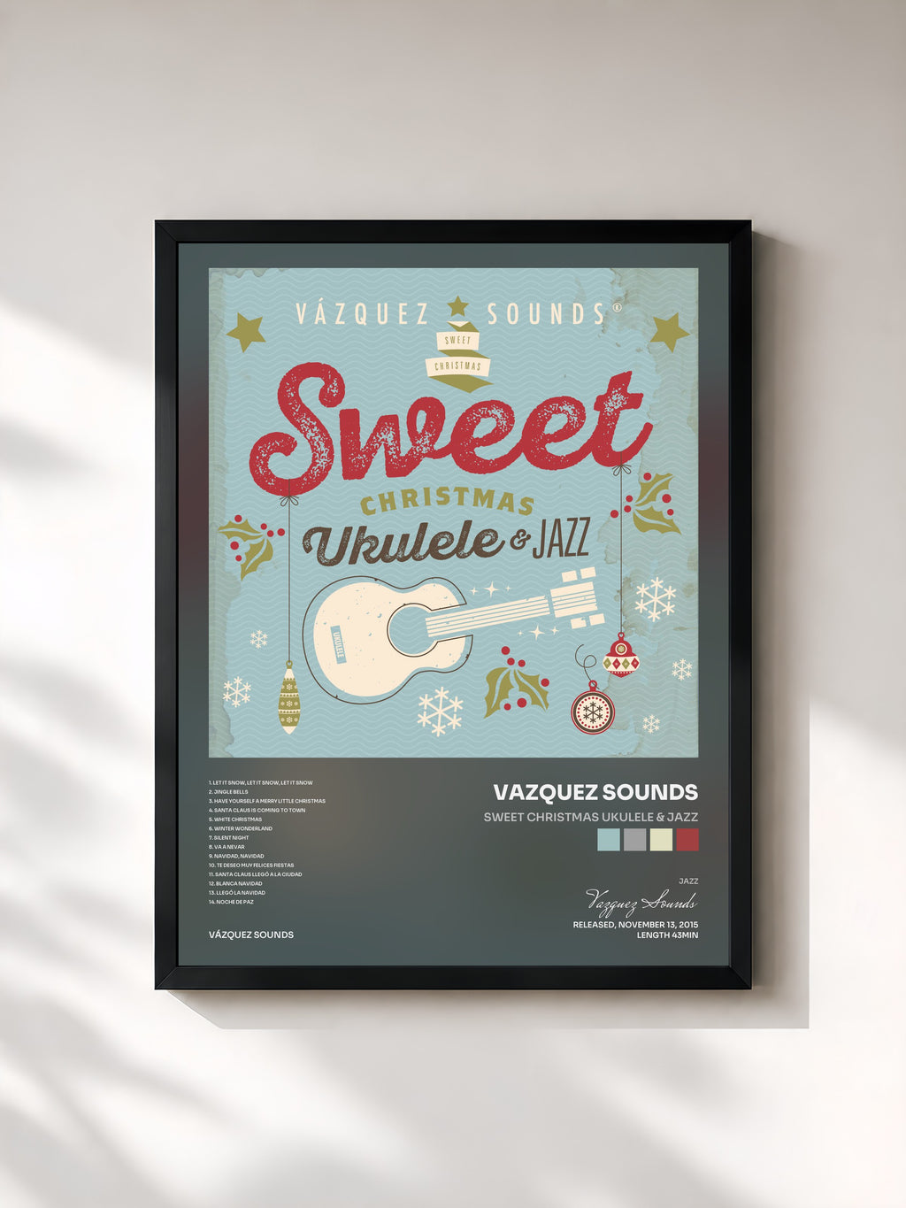 #noir Tableau de l'album Sweet Christmas Ukulele & Jazz de Vazquez Sounds, cadre noir, imprimé et encadré en France
