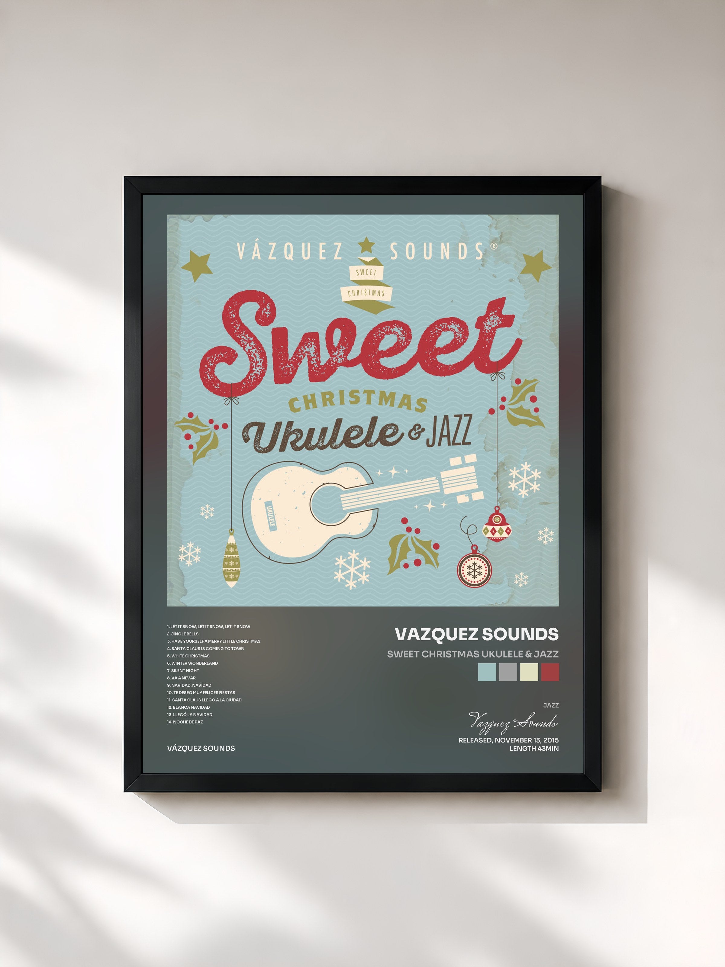 #noir Tableau de l'album Sweet Christmas Ukulele & Jazz de Vazquez Sounds, cadre noir, imprimé et encadré en France