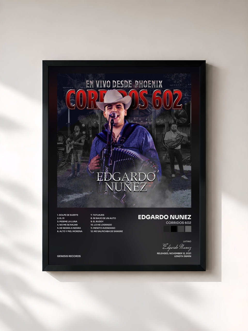#noir Tableau de l'album Corridos 602 de Edgardo Nunez, cadre noir, imprimé et encadré en France