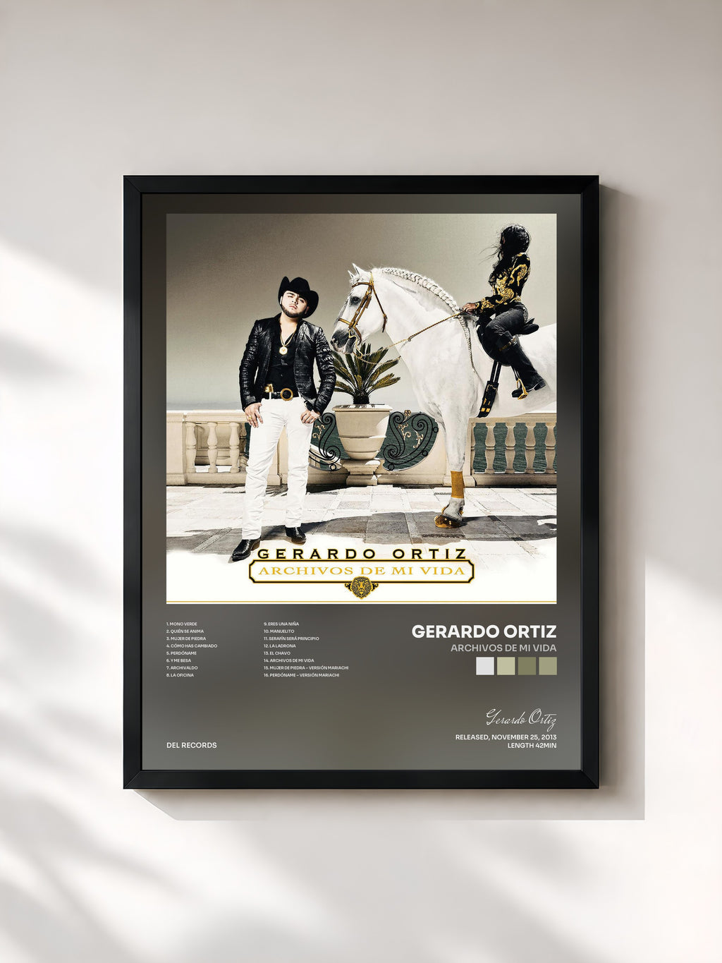 #noir Tableau de l'album Archivos de Mi Vida de Gerardo Ortiz, cadre noir, imprimé et encadré en France