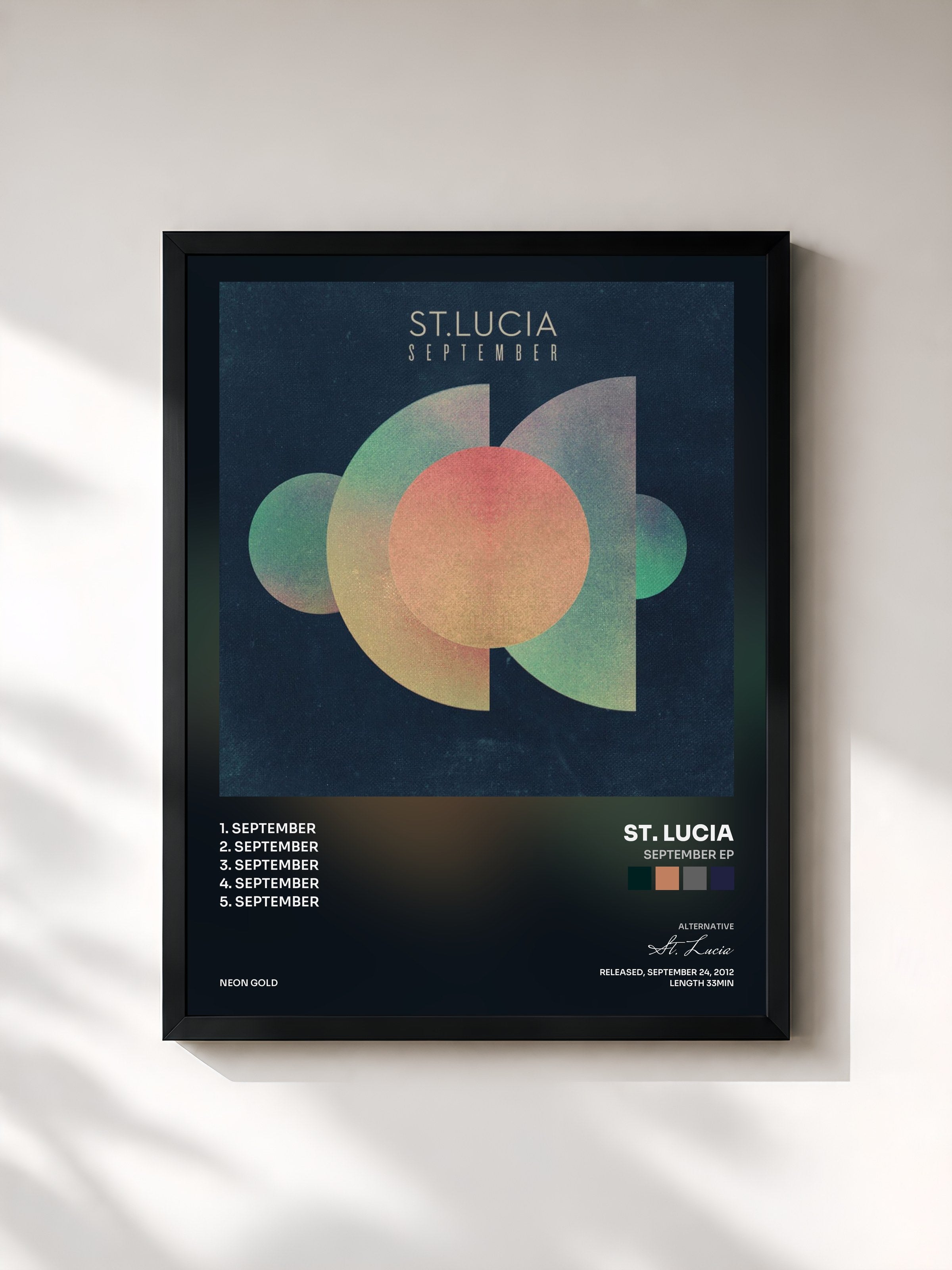 #noir Tableau de l'album September EP de St. Lucia, cadre noir, imprimé et encadré en France