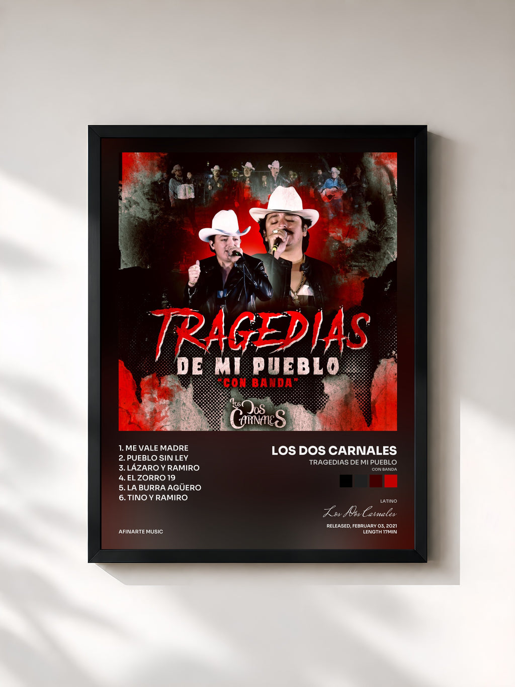 #noir Tableau de l'album Tragedias de Mi Pueblo (Con Banda) de Los Dos Carnales, cadre noir, imprimé et encadré en France