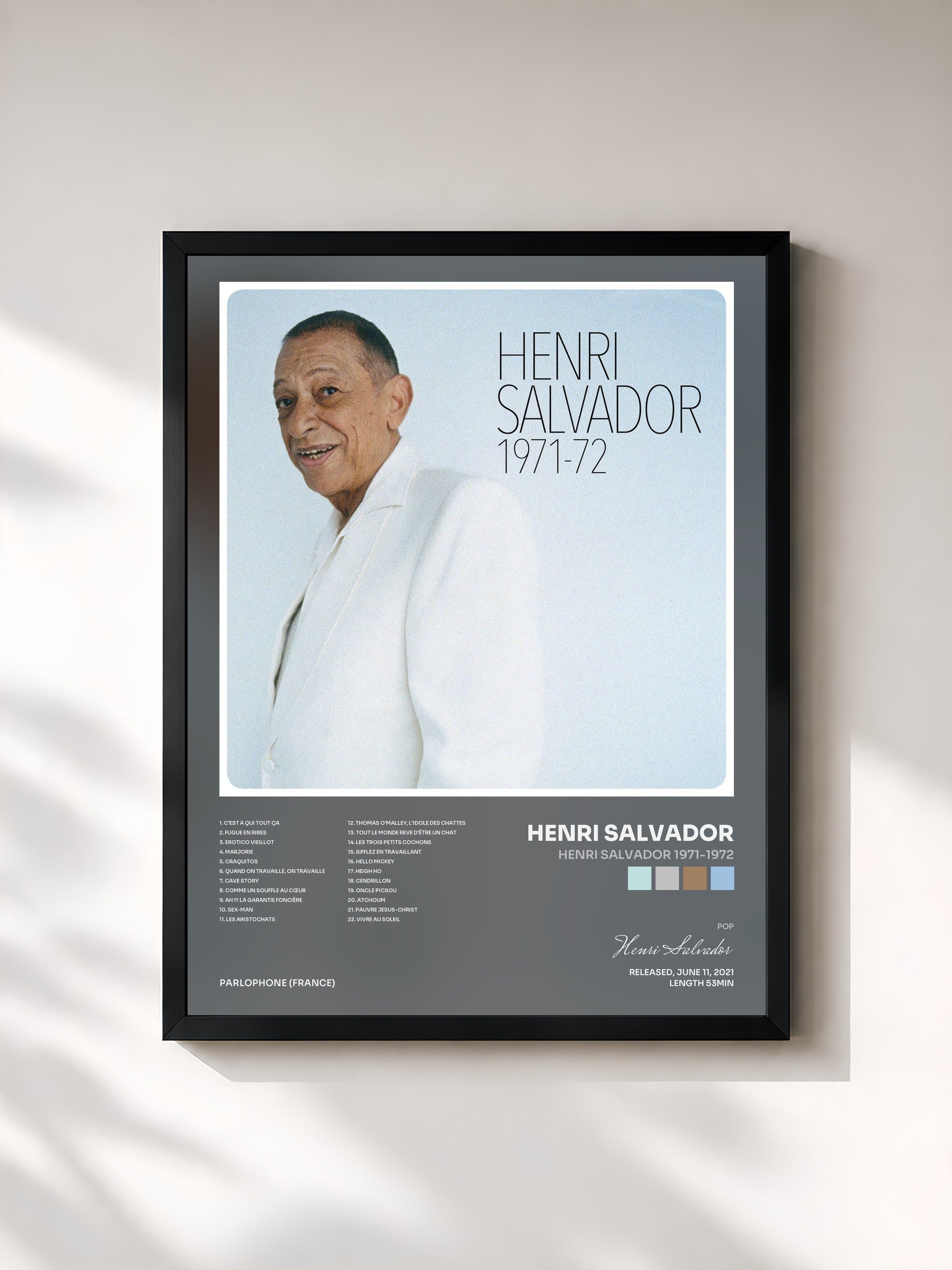 #noir Tableau de l'album Henri Salvador 1971-1972 de Henri Salvador, cadre noir, imprimé et encadré en France