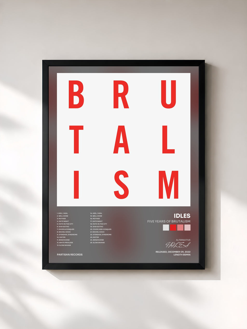 #noir Tableau de l'album Five Years of Brutalism de IDLES, cadre noir, imprimé et encadré en France