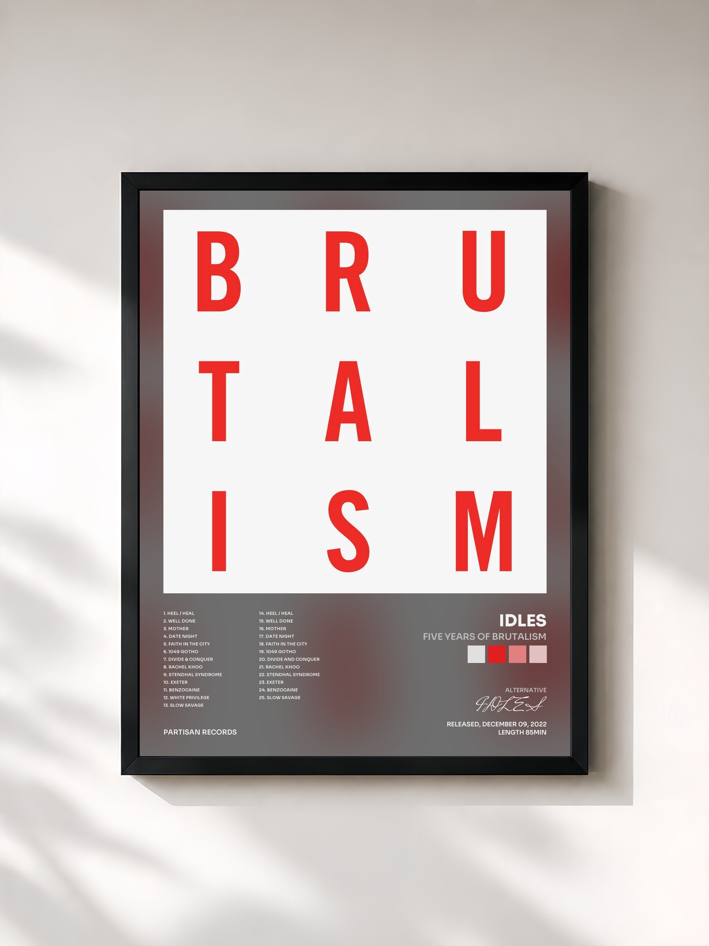 #noir Tableau de l'album Five Years of Brutalism de IDLES, cadre noir, imprimé et encadré en France