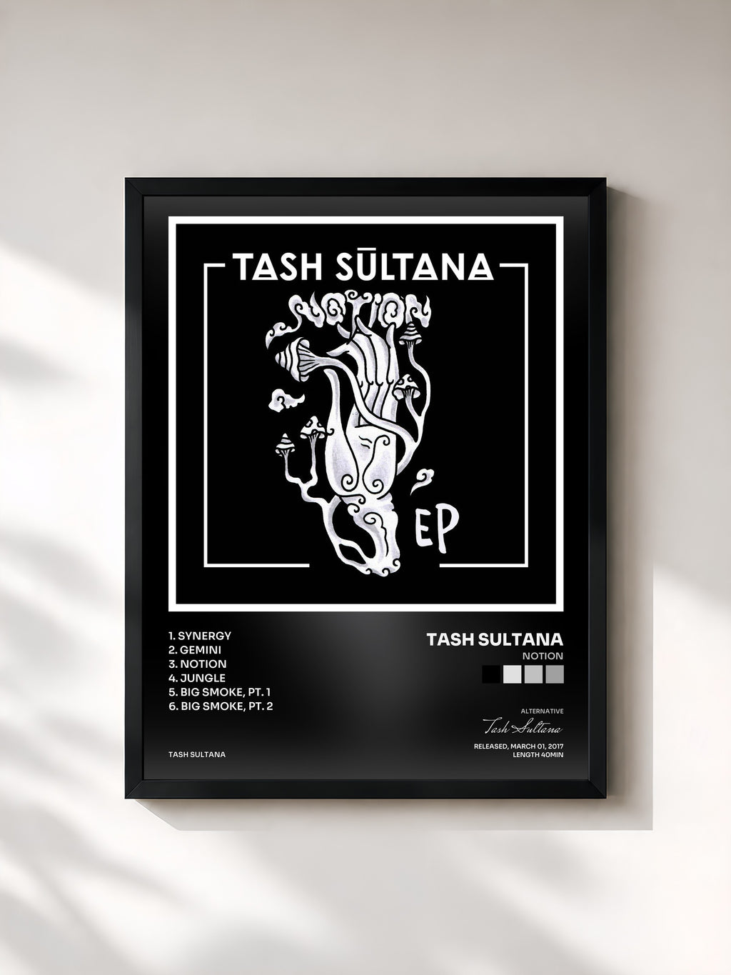 #noir Tableau de l'album Notion de Tash Sultana, cadre noir, imprimé et encadré en France