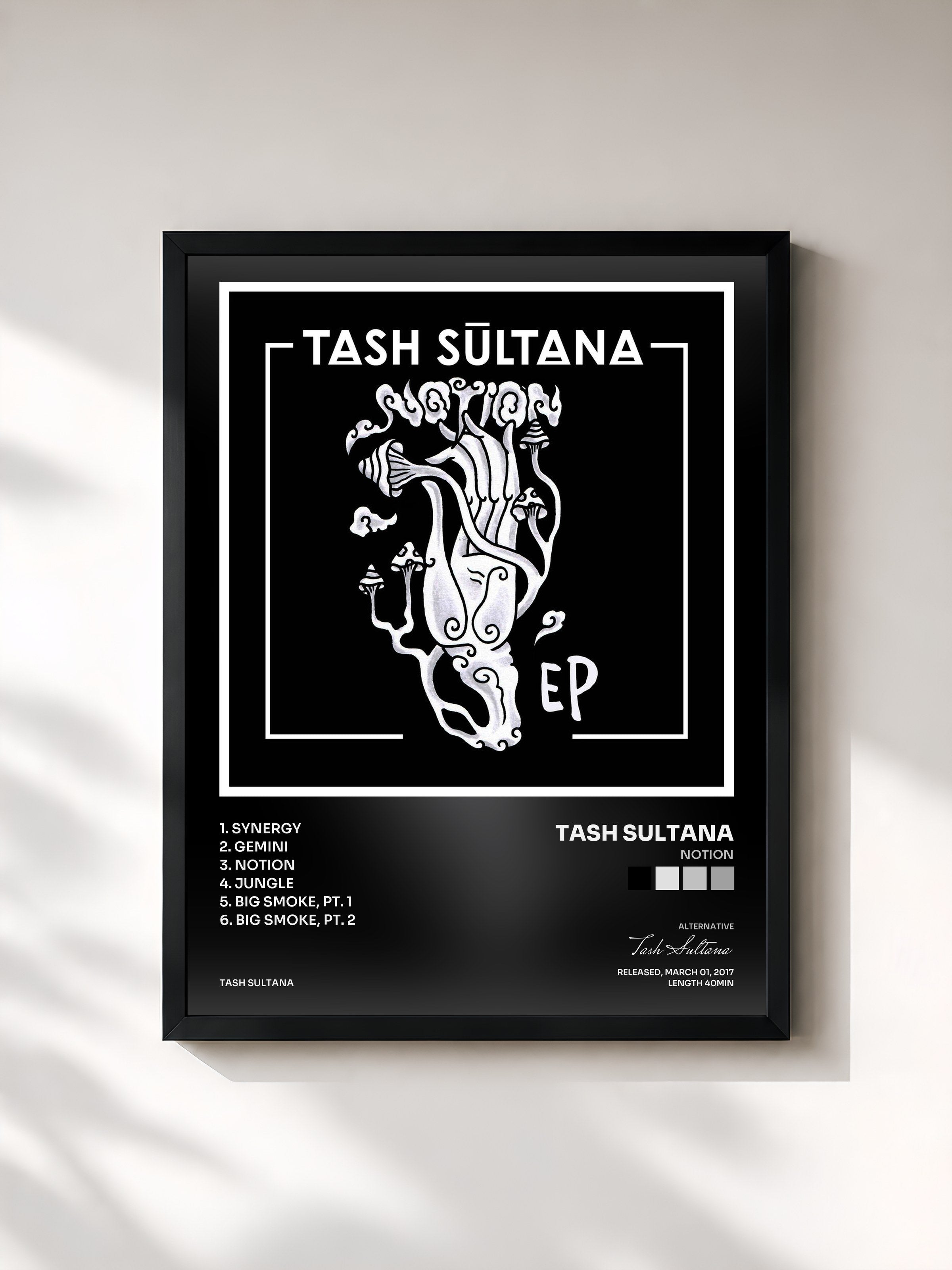#noir Tableau de l'album Notion de Tash Sultana, cadre noir, imprimé et encadré en France