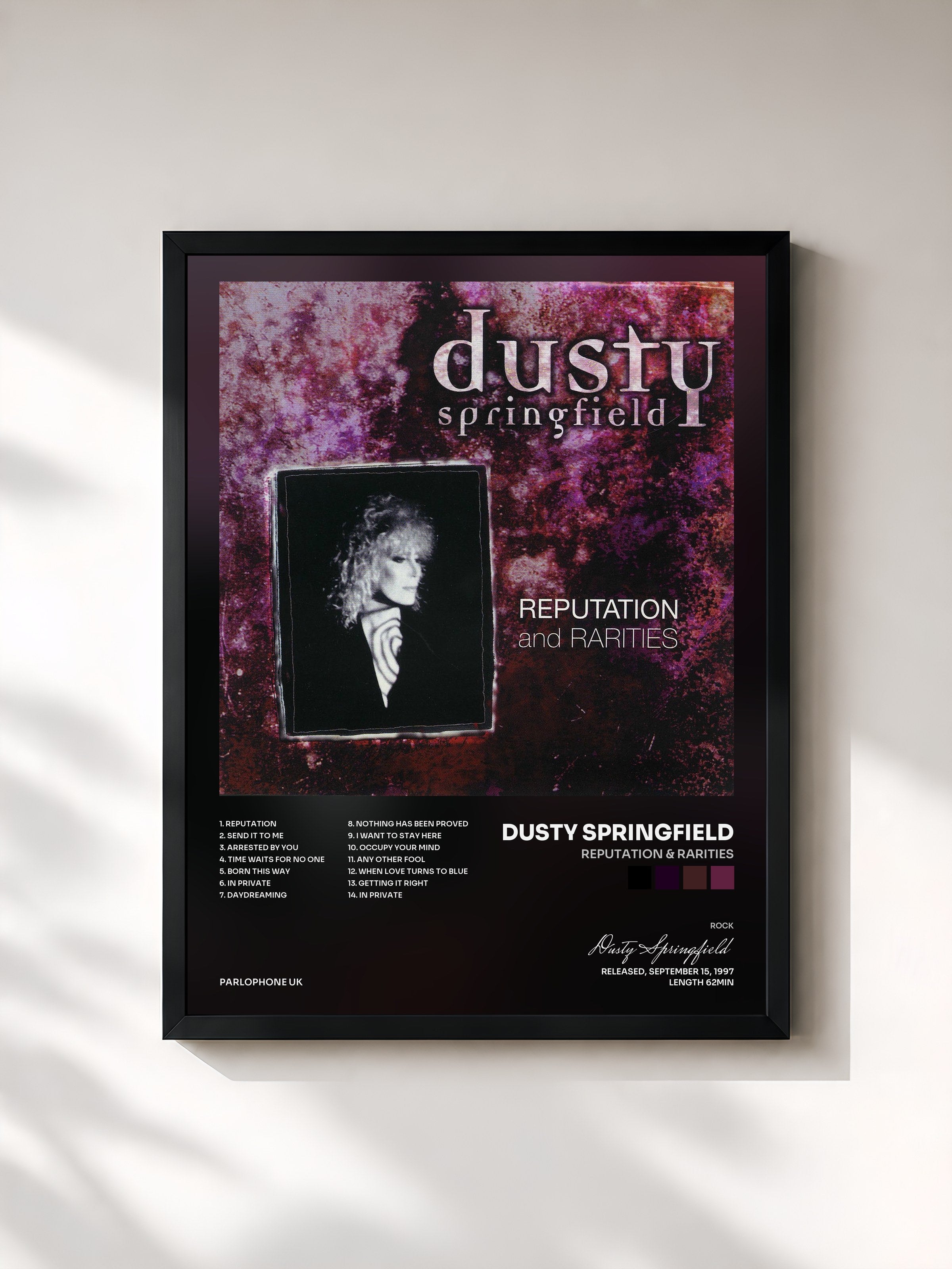 #noir Tableau de l'album Reputation & Rarities de Dusty Springfield, cadre noir, imprimé et encadré en France