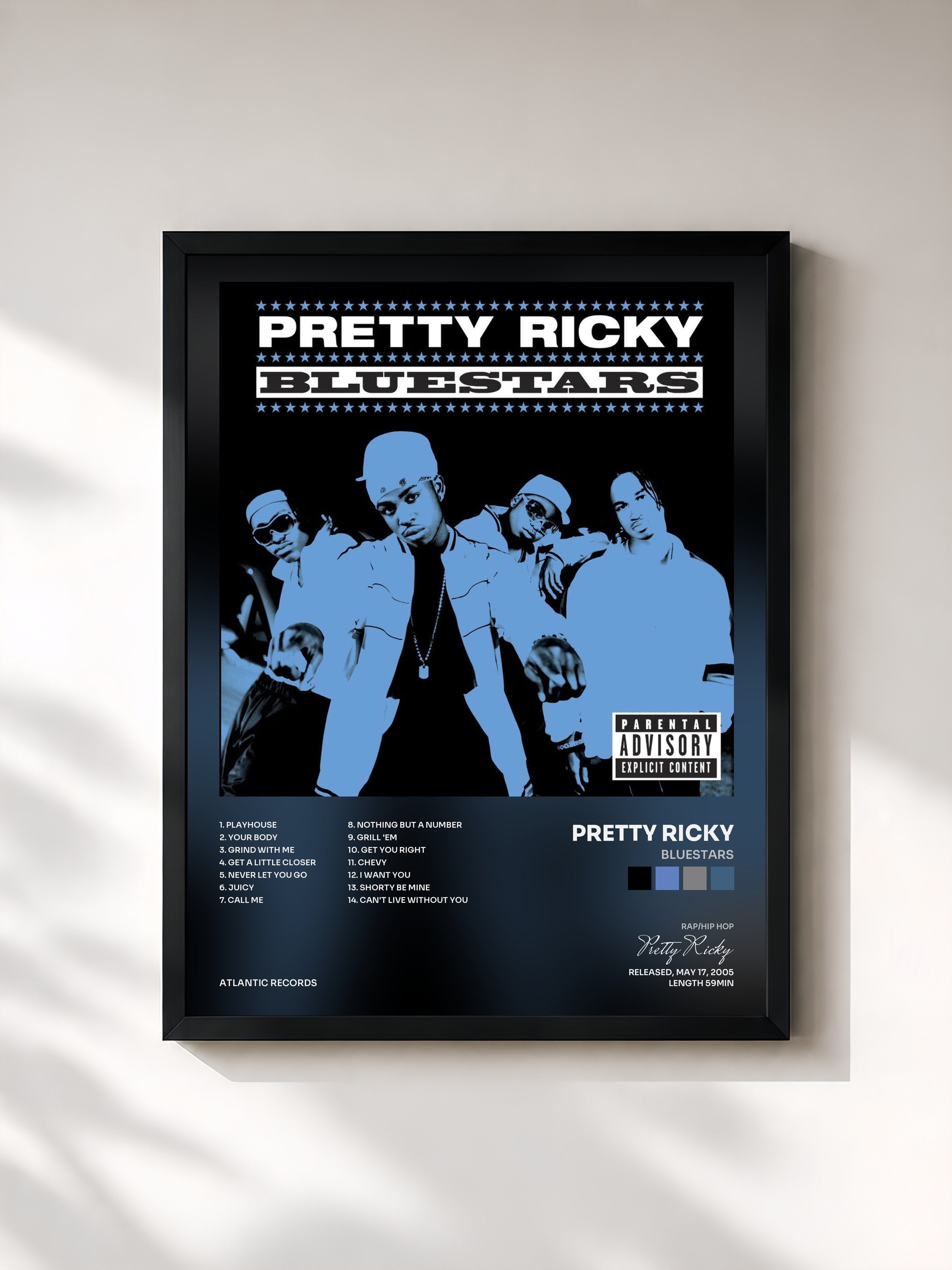 #noir Tableau de l'album Bluestars de Pretty Ricky, cadre noir, imprimé et encadré en France