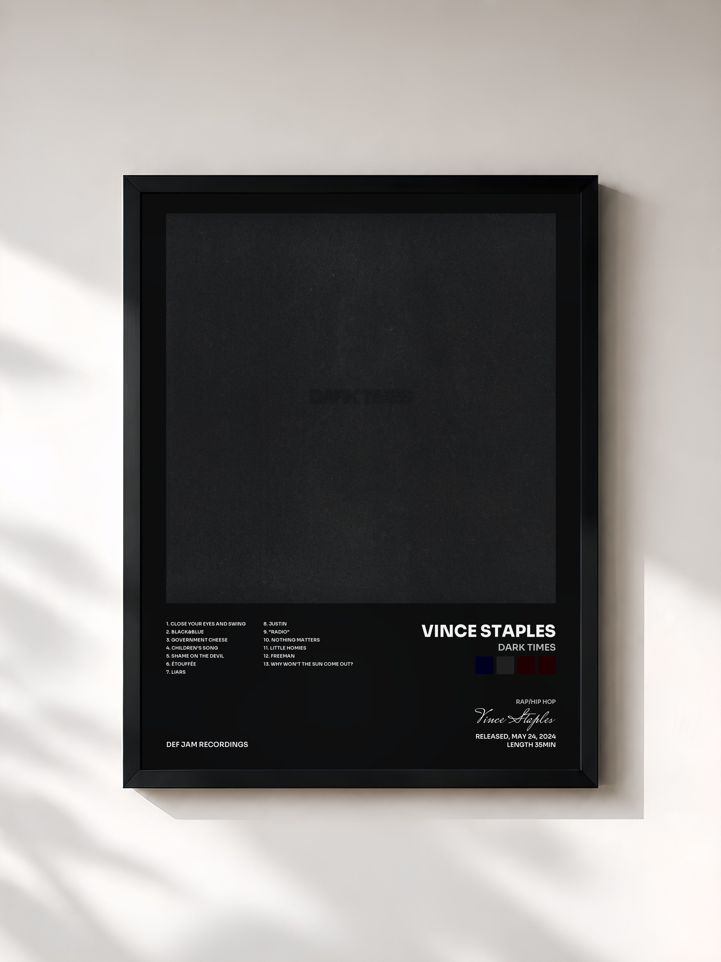 #noir Tableau de l'album Dark Times de Vince Staples, cadre noir, imprimé et encadré en France