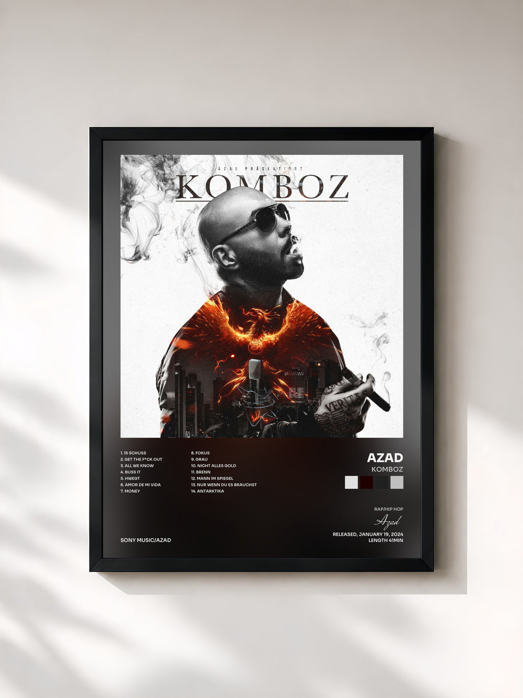 #noir Tableau de l'album KOMBOZ de Azad, cadre noir, imprimé et encadré en France