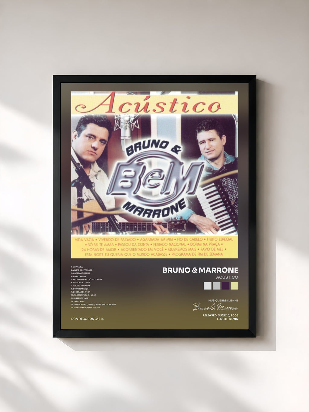 #noir Tableau de l'album Acústico de Bruno & Marrone, cadre noir, imprimé et encadré en France
